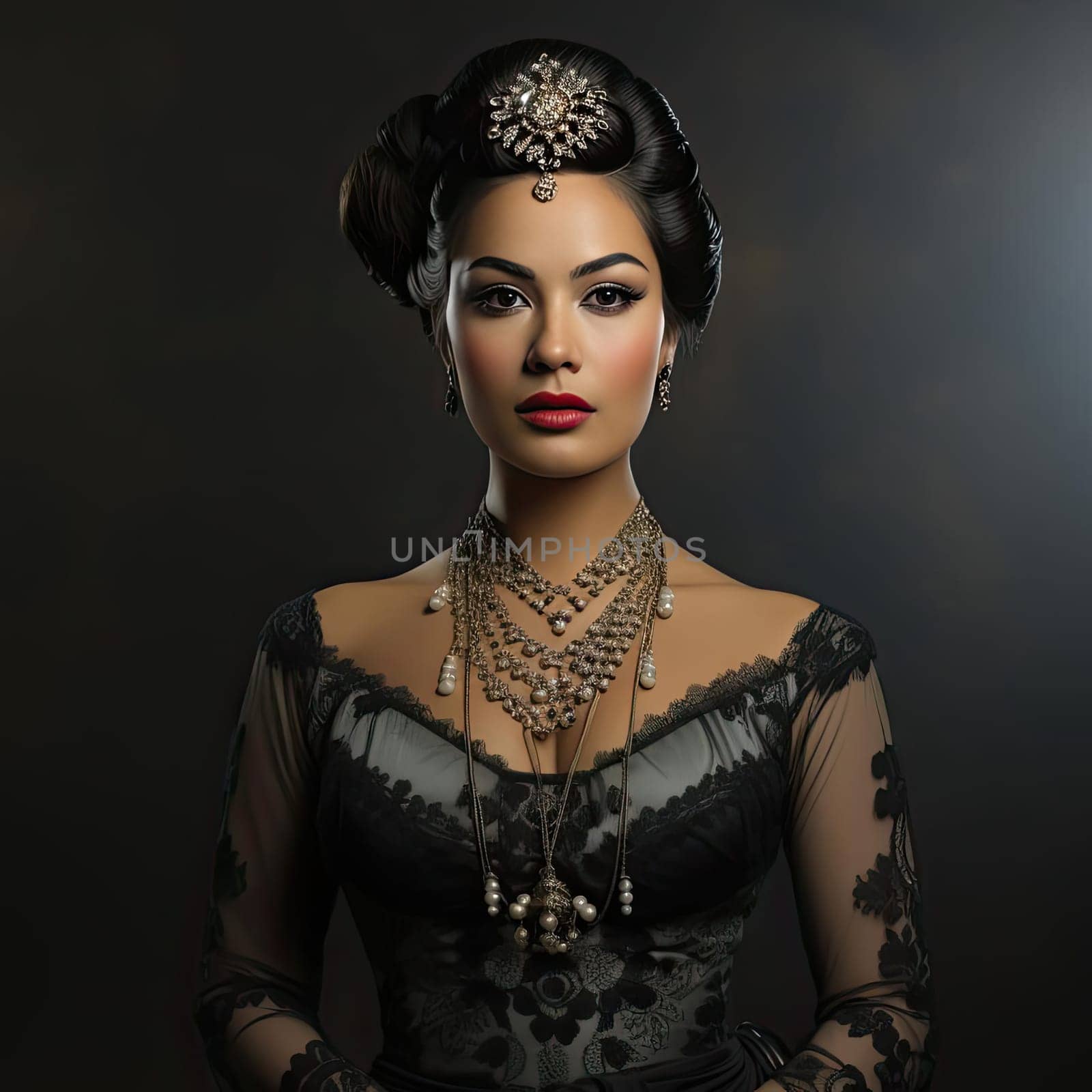 Woman in a dress and intricate headpiece with jewelry