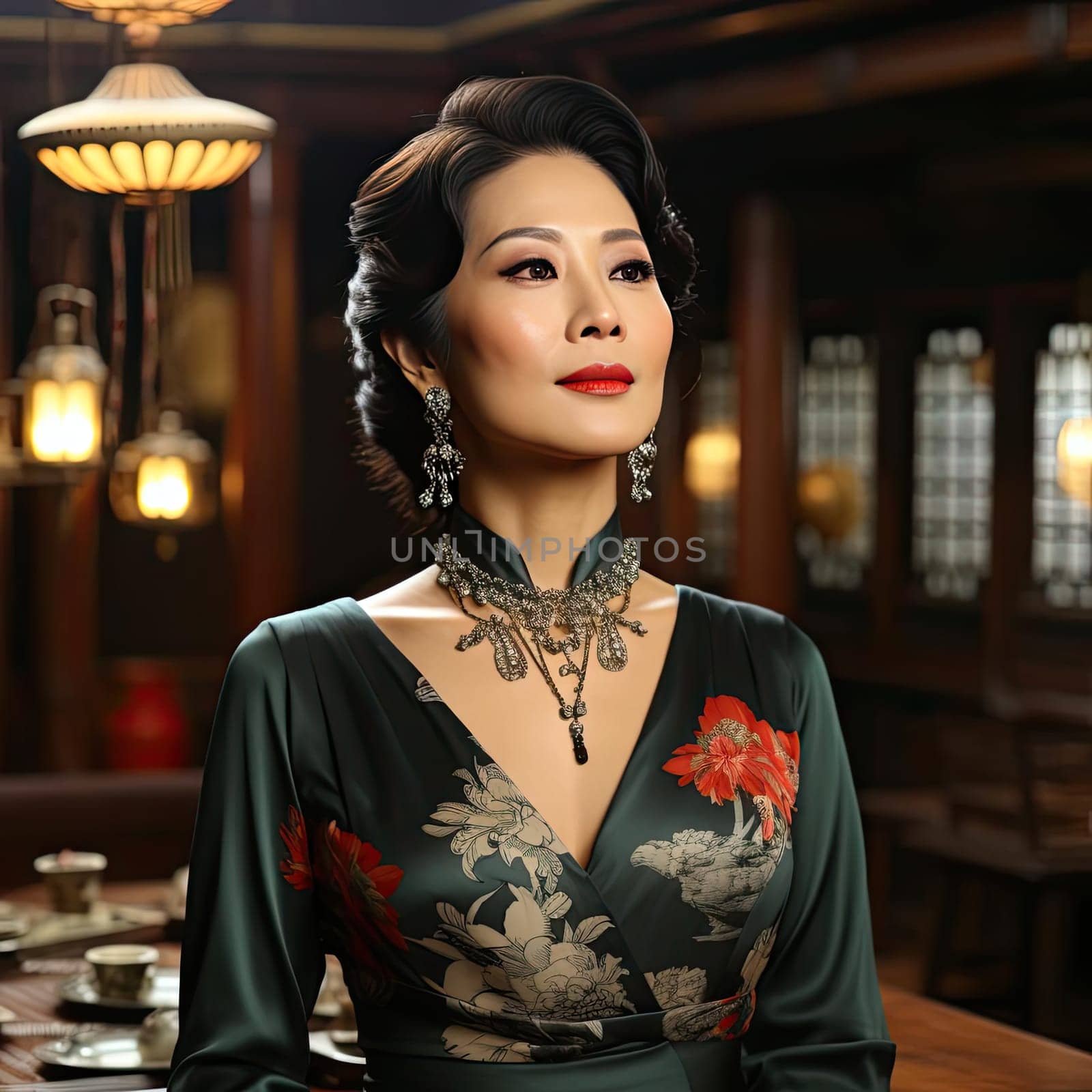 Beautiful woman in a green dress with Chinese style jewelry