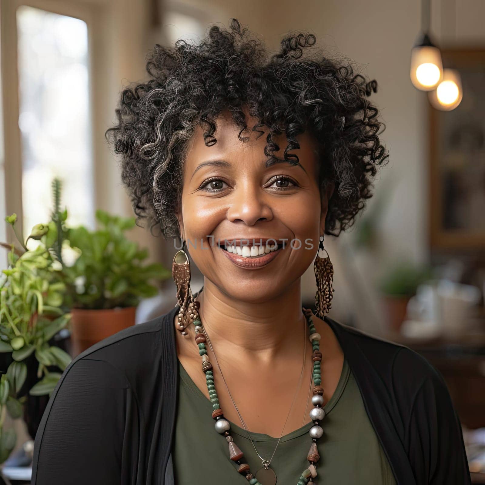 Black woman with green elements in natural and organic settings