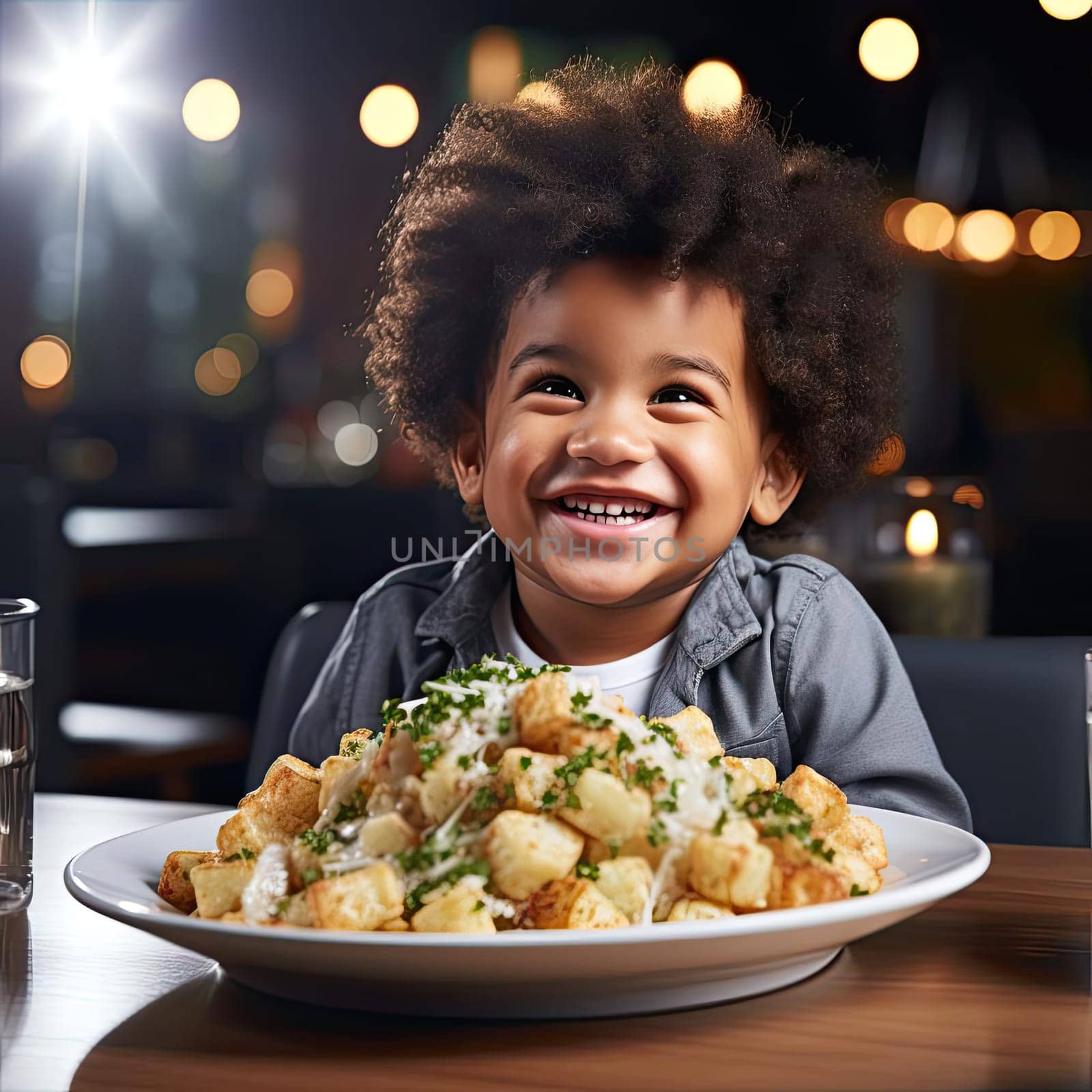 Boy smiling at plate of food in dramatic lighting style