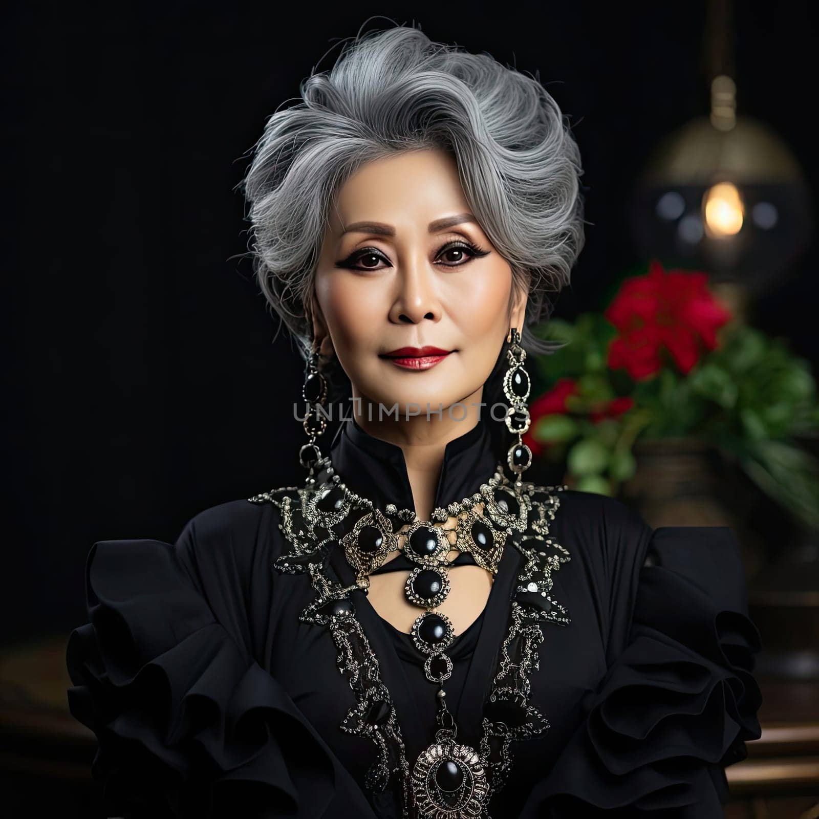 Elegant woman with gray hair and earrings in various poses