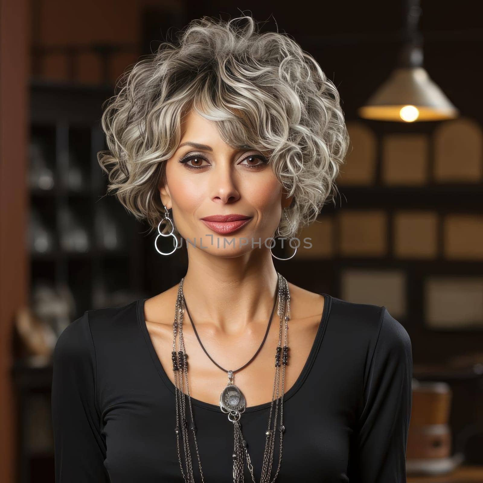 Woman in gray top with black necklace, showcasing ornate detailing