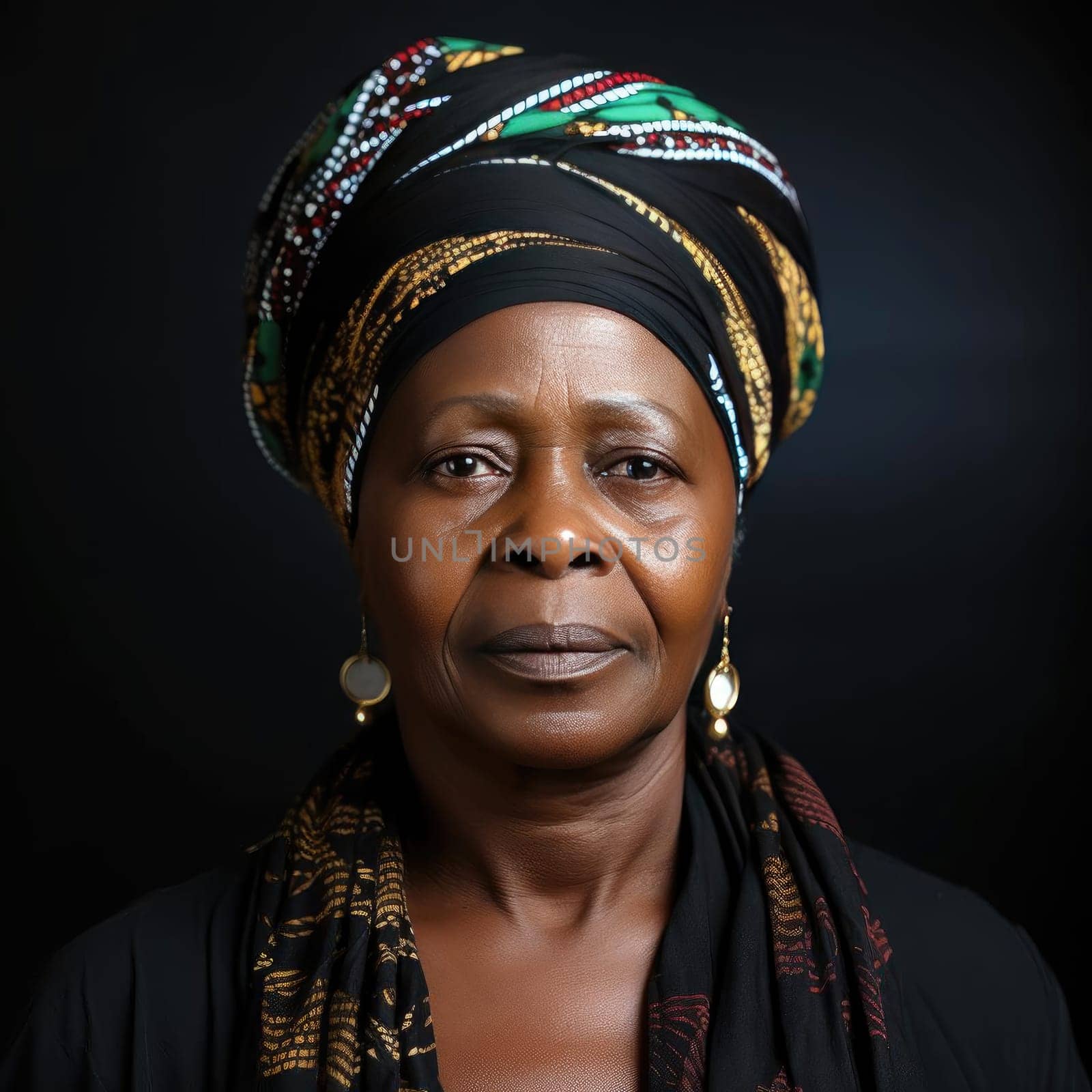African woman wearing a turban and scarf in a studio portrait