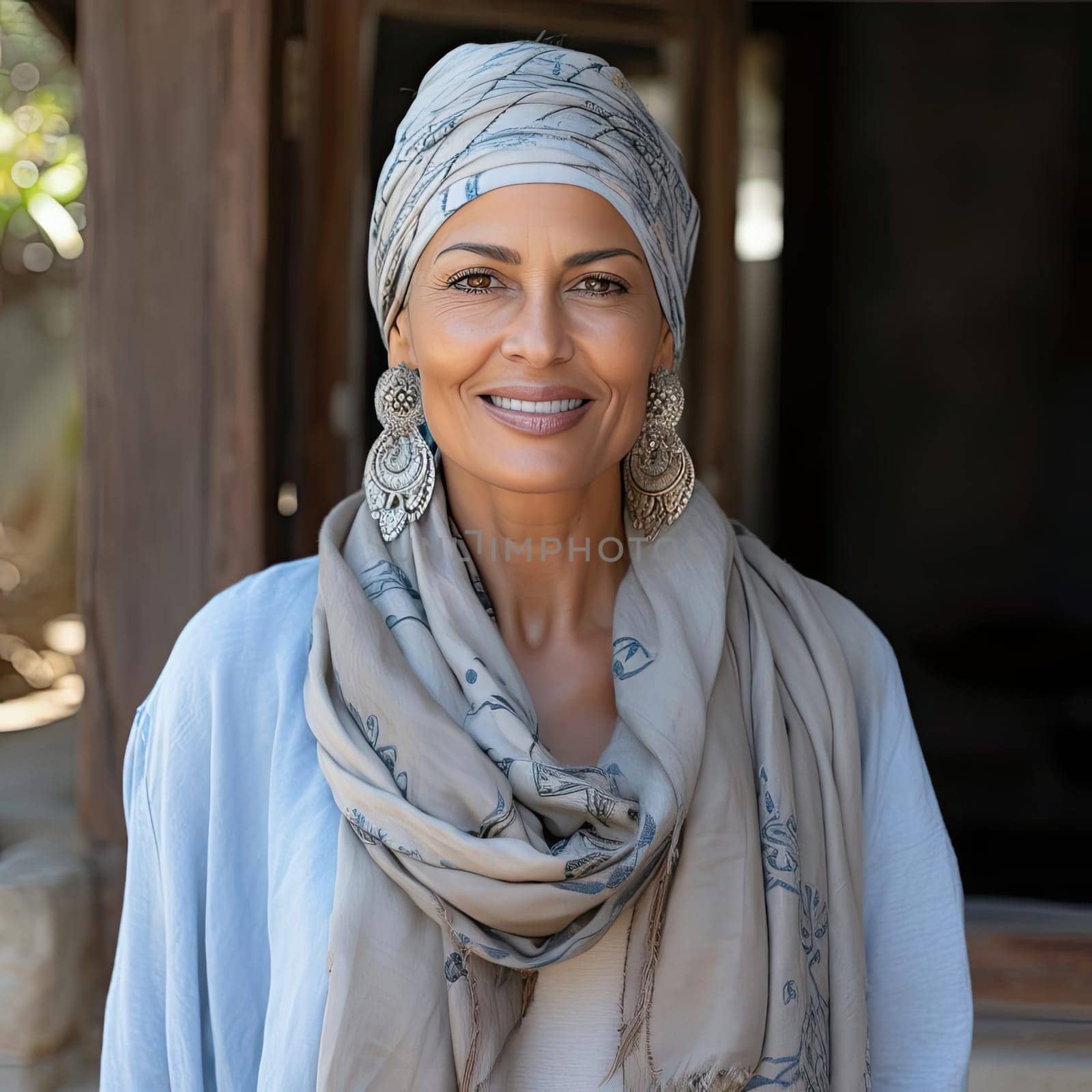 Woman wearing a beige scarf and hat with strong facial expression