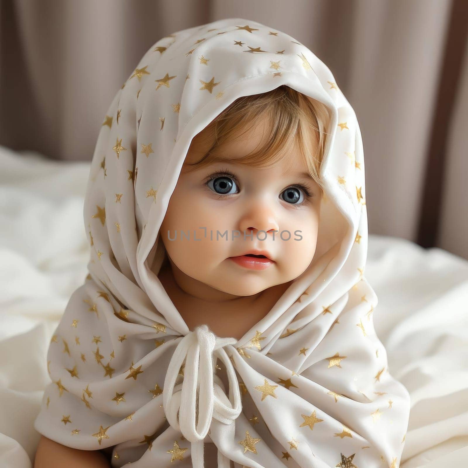 Beautiful baby wrapped in a golden blanket with captivating eyes