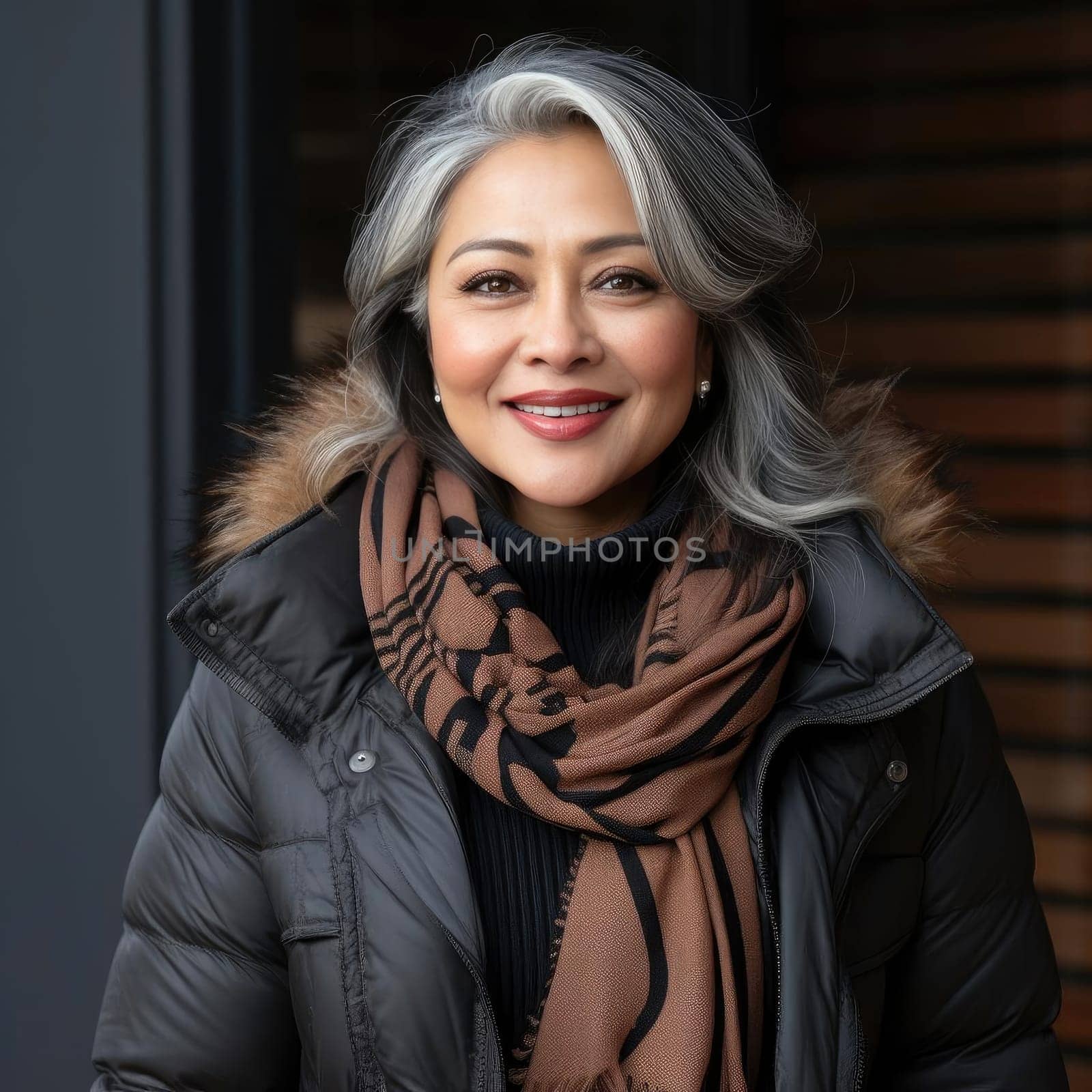Asian woman with gray hair walking with a brown scarf