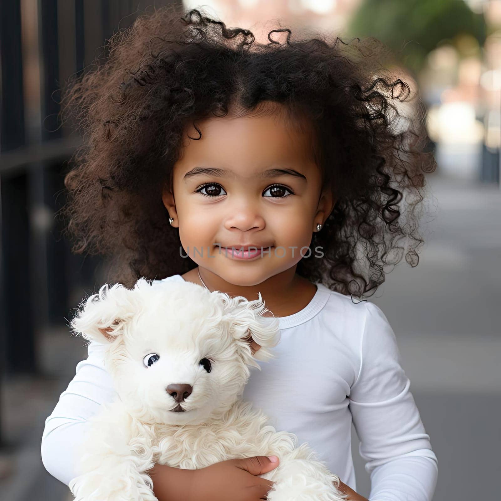Little girl holding a teddy bear with bold colors and afro-caribbean influence