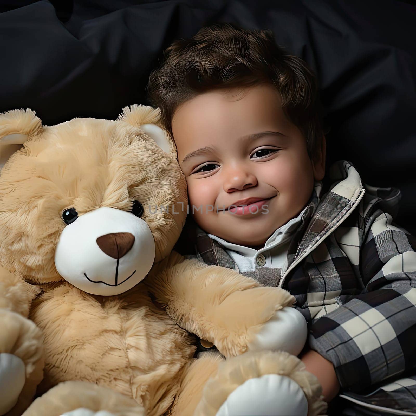 Portrait of a young boy holding a teddy bear with soft lighting