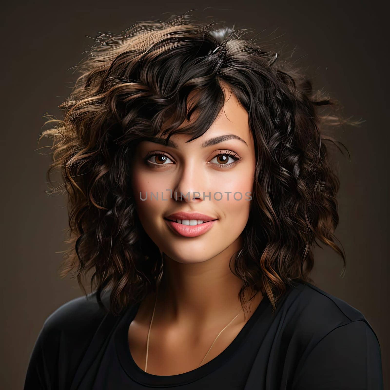 Beautiful woman with curly dark hair in a soft-focus, radiant effect