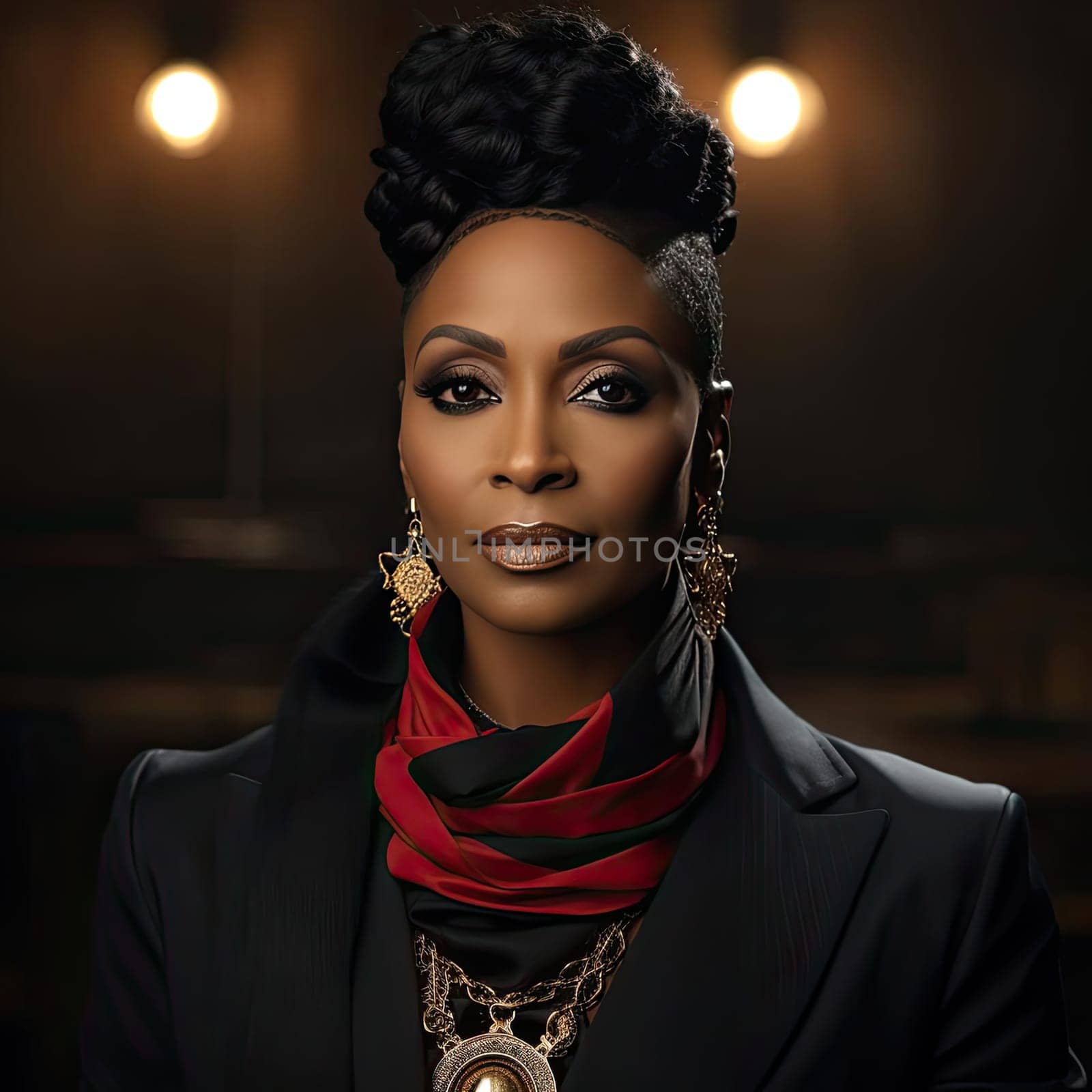 Black woman in black jacket and red scarf with captivating gaze