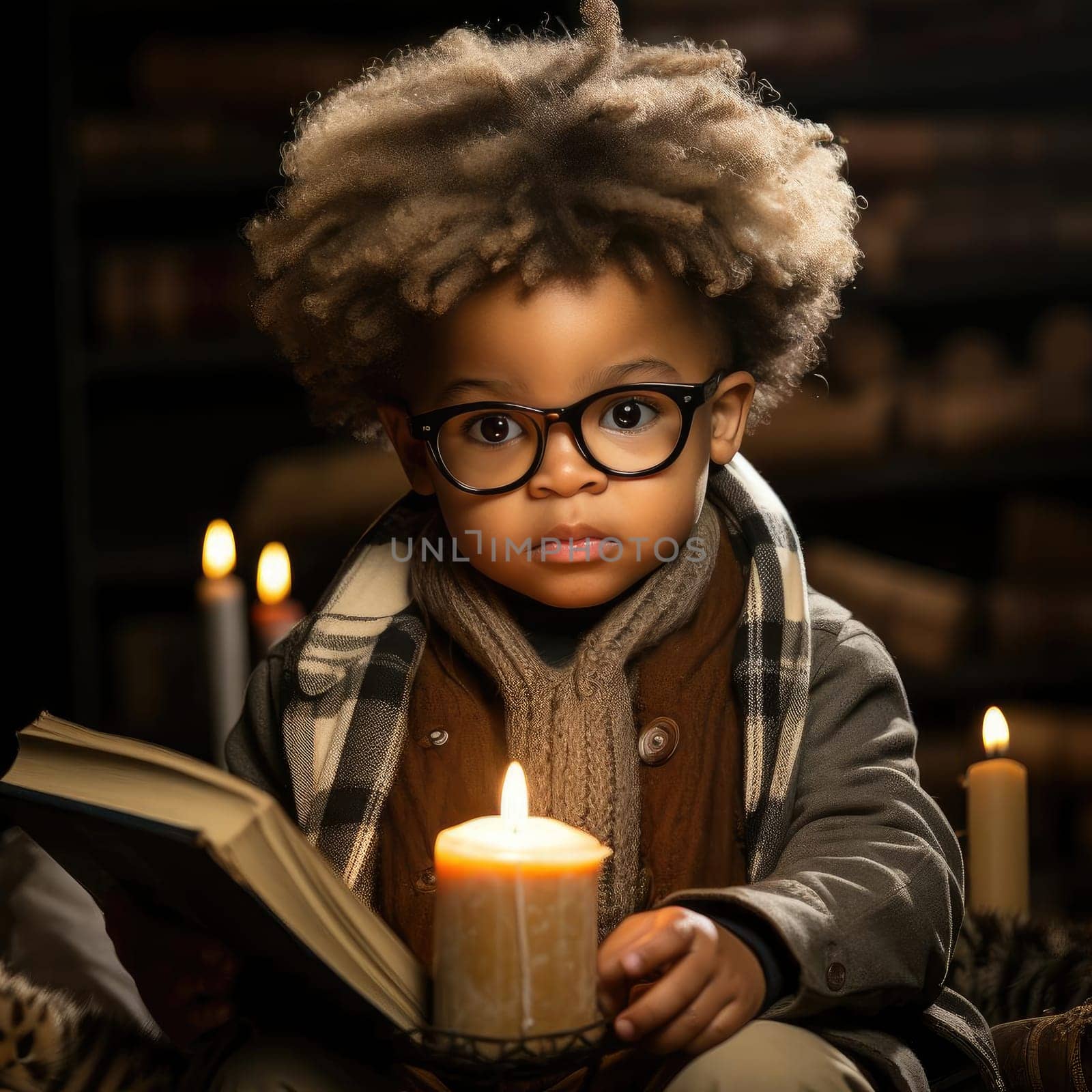 Young boy with glasses reading a book near candles in a charming setting