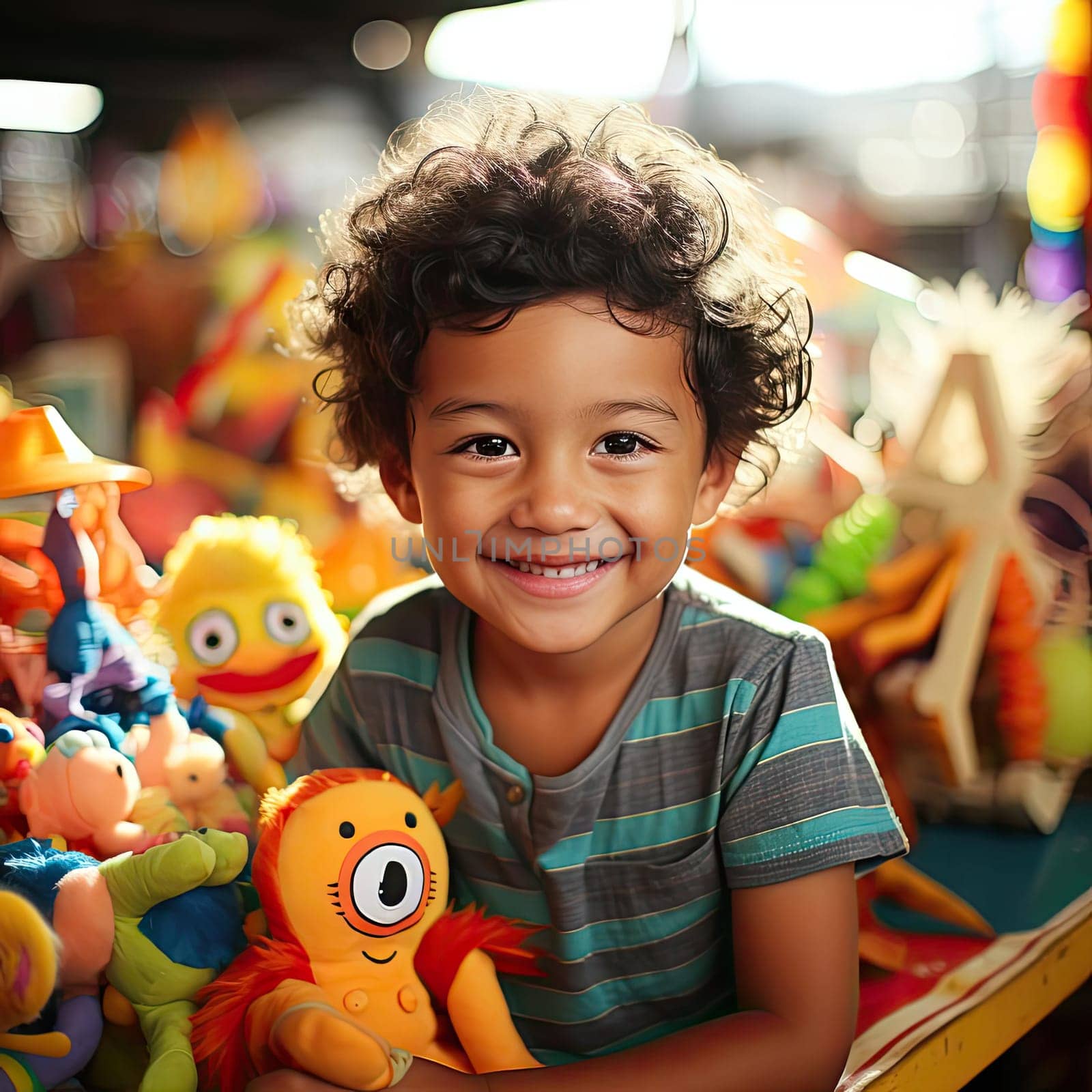 Smiling child holding toys with vibrant colors and playful atmosphere