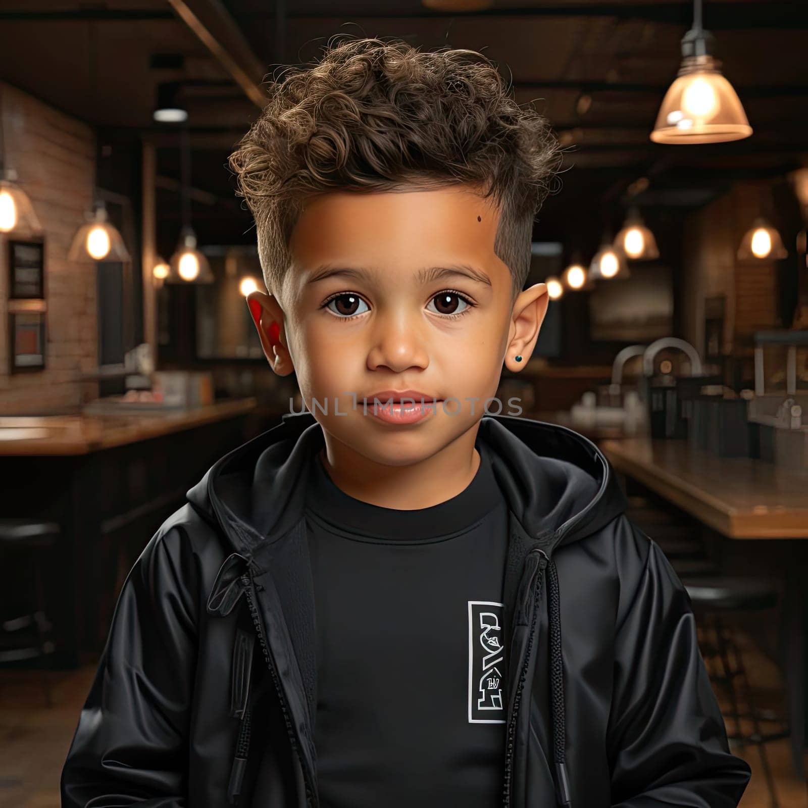Young boy in black standing in front of a bar with softbox lighting
