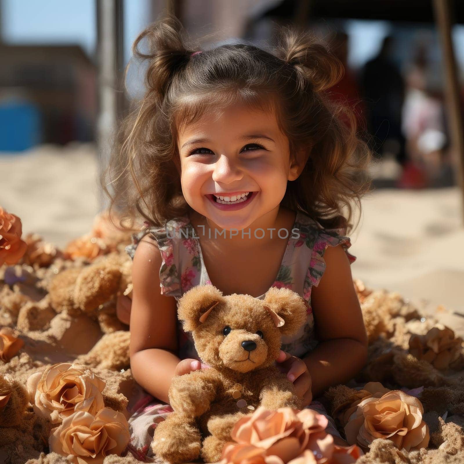Smiling girl with stuffed animals in a beach portrait