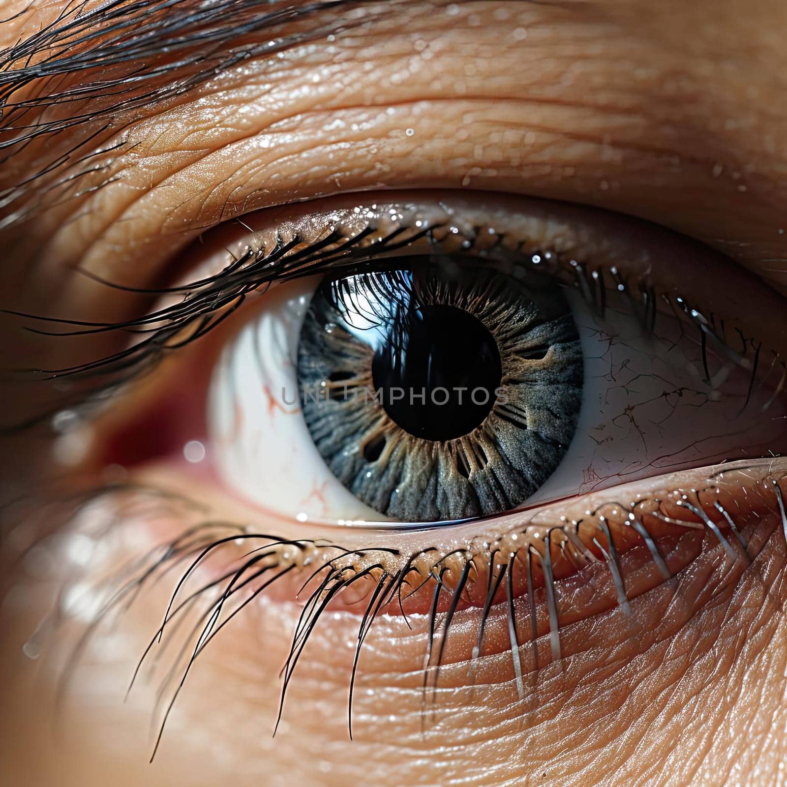 Close-up image of an eye with foreshortening techniques in light navy and light gray