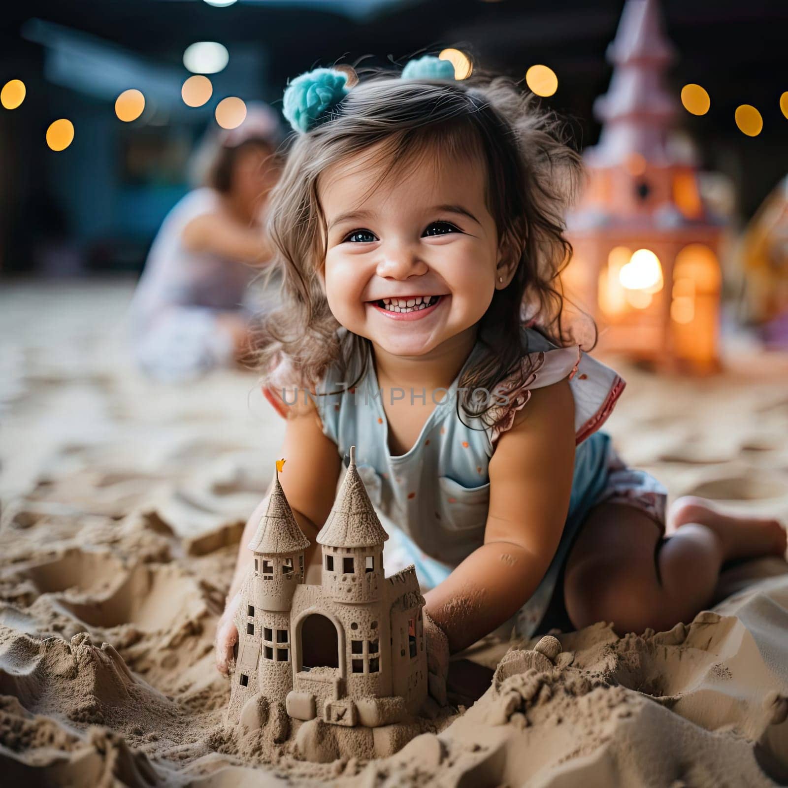 Girl playing with sand castles in whimsical sandy beach