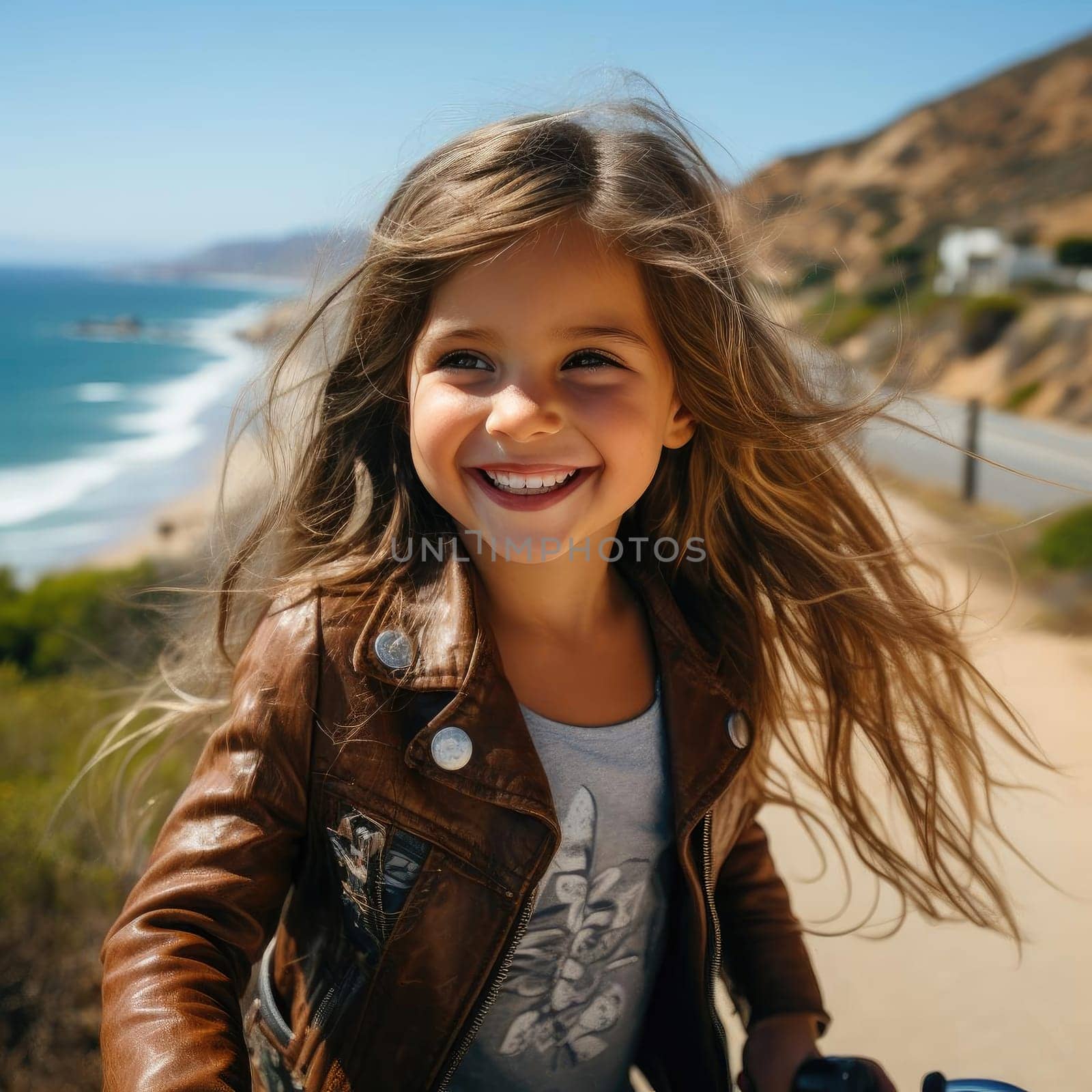Young girl with long hair riding a bike by the beach