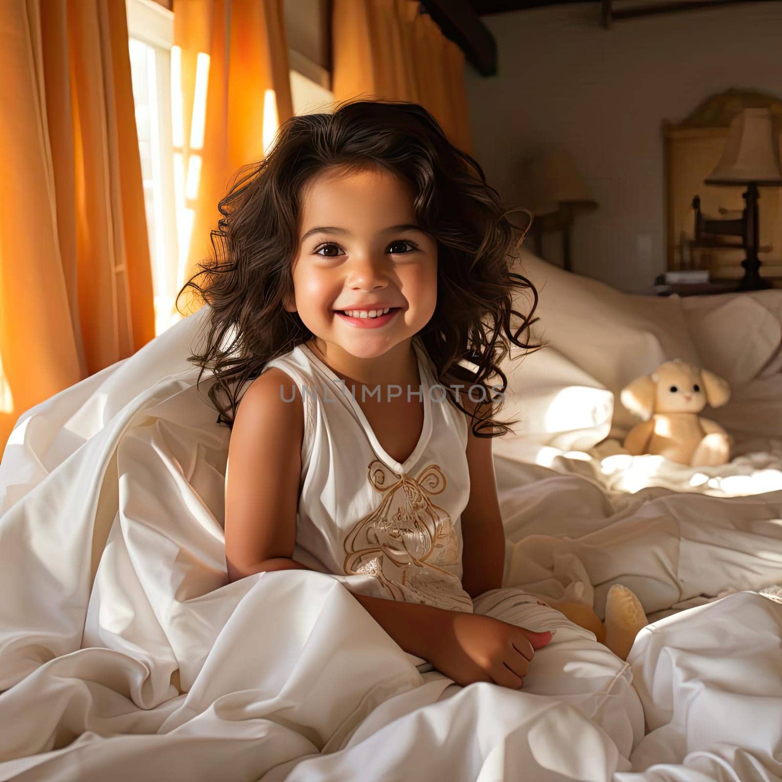 A little girl happily sitting on a white blanket