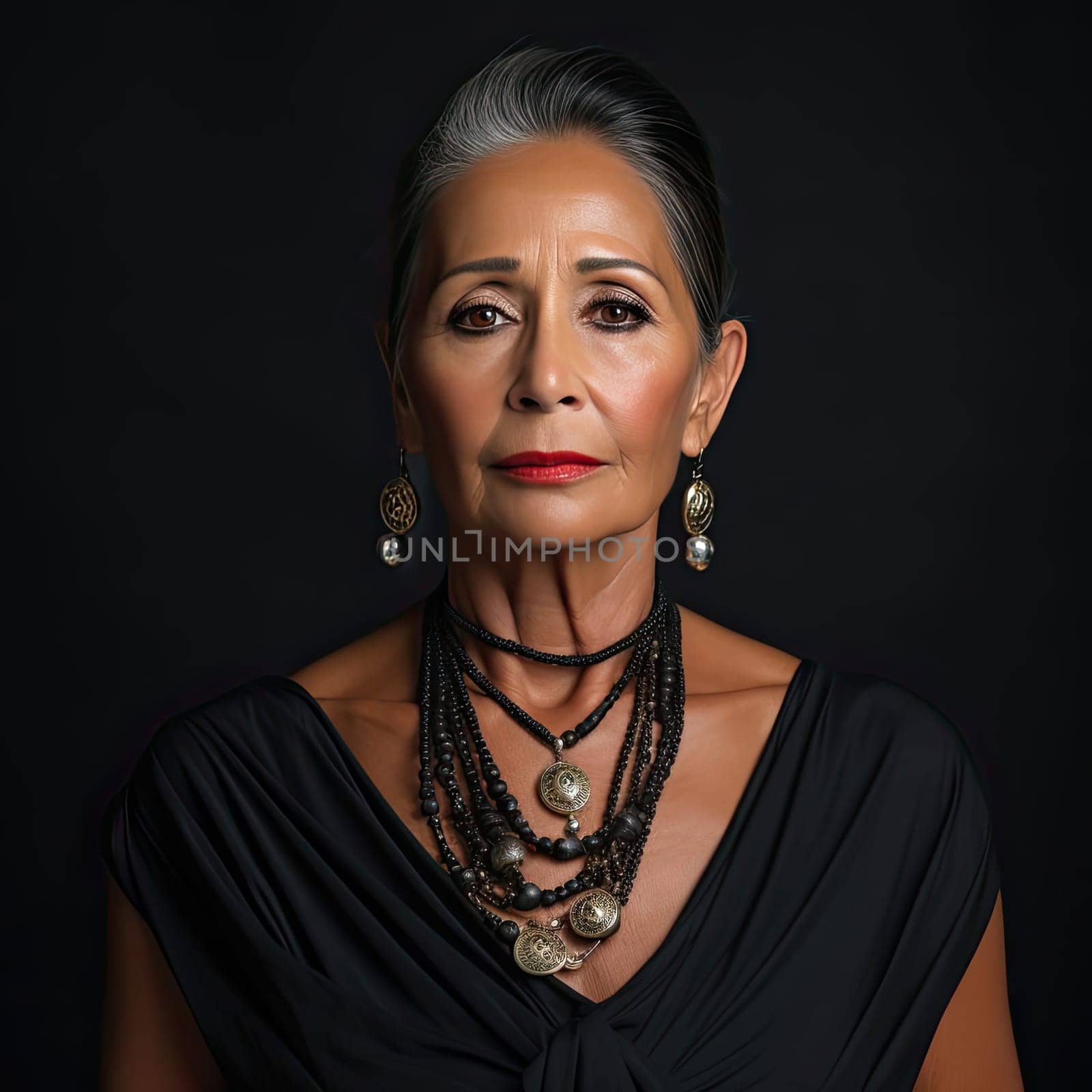 Woman in gray with necklaces and earrings against black background, reminiscent of chicano art