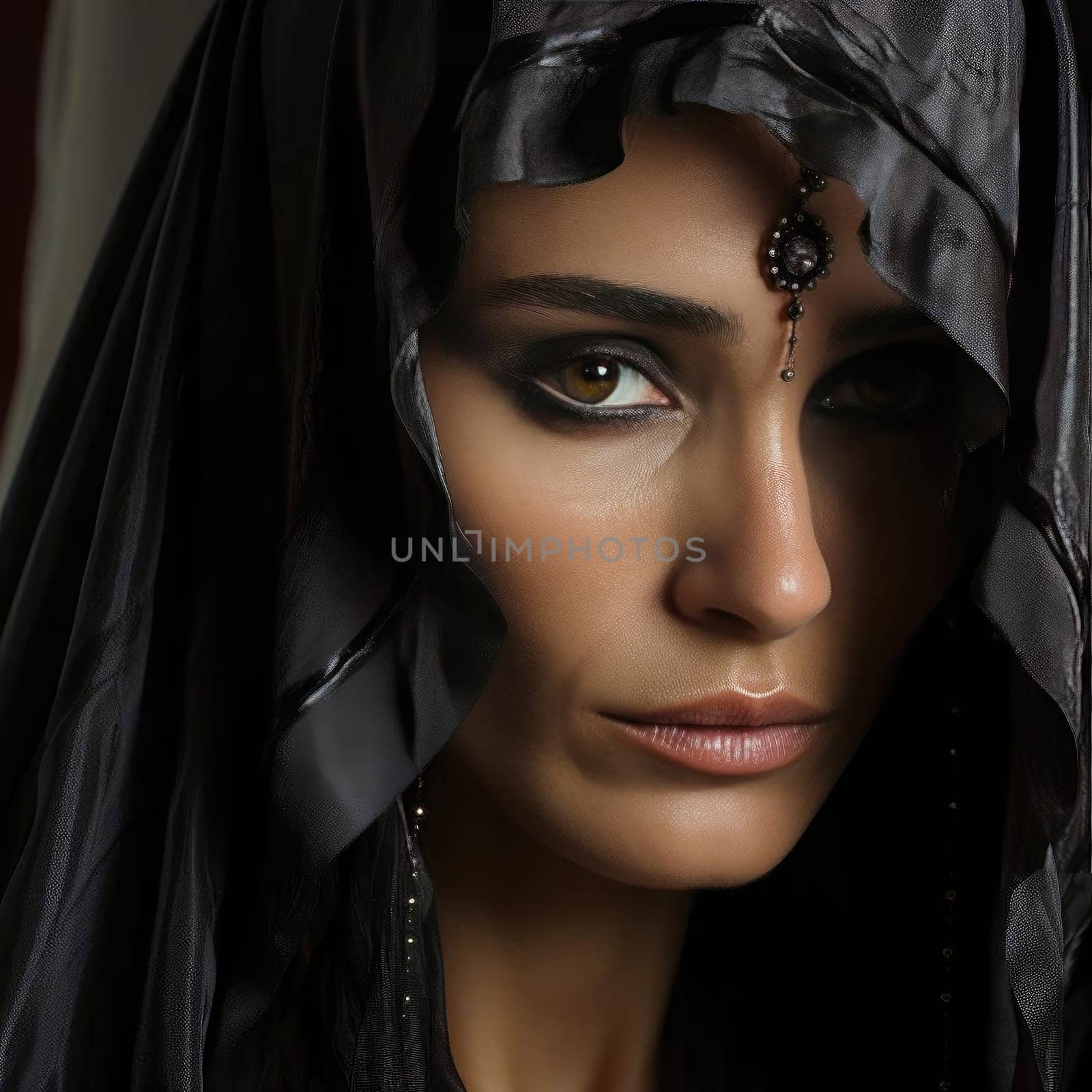Woman with black veil over head