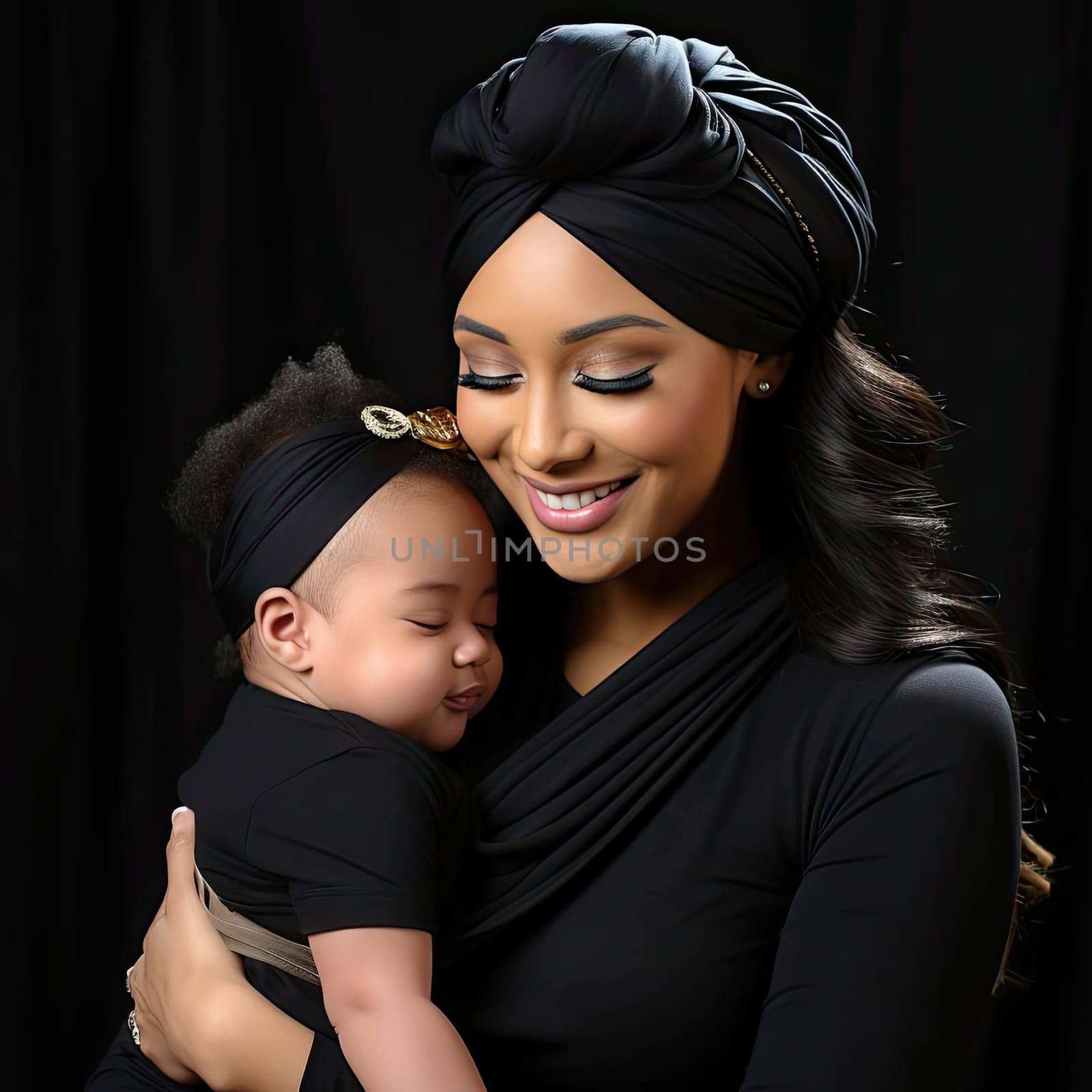 Woman in black shirt holding baby while wearing a turban