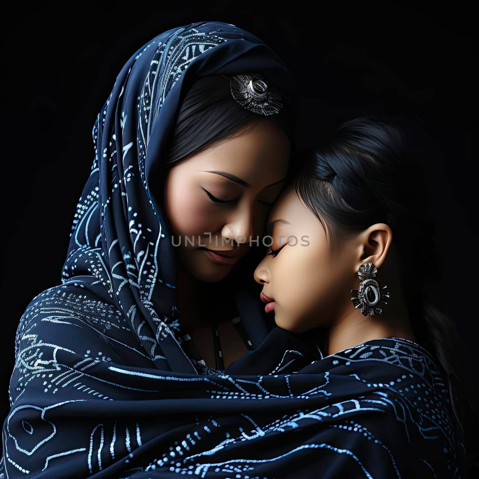 Woman and young girl wrapped together in a dark and intricate style