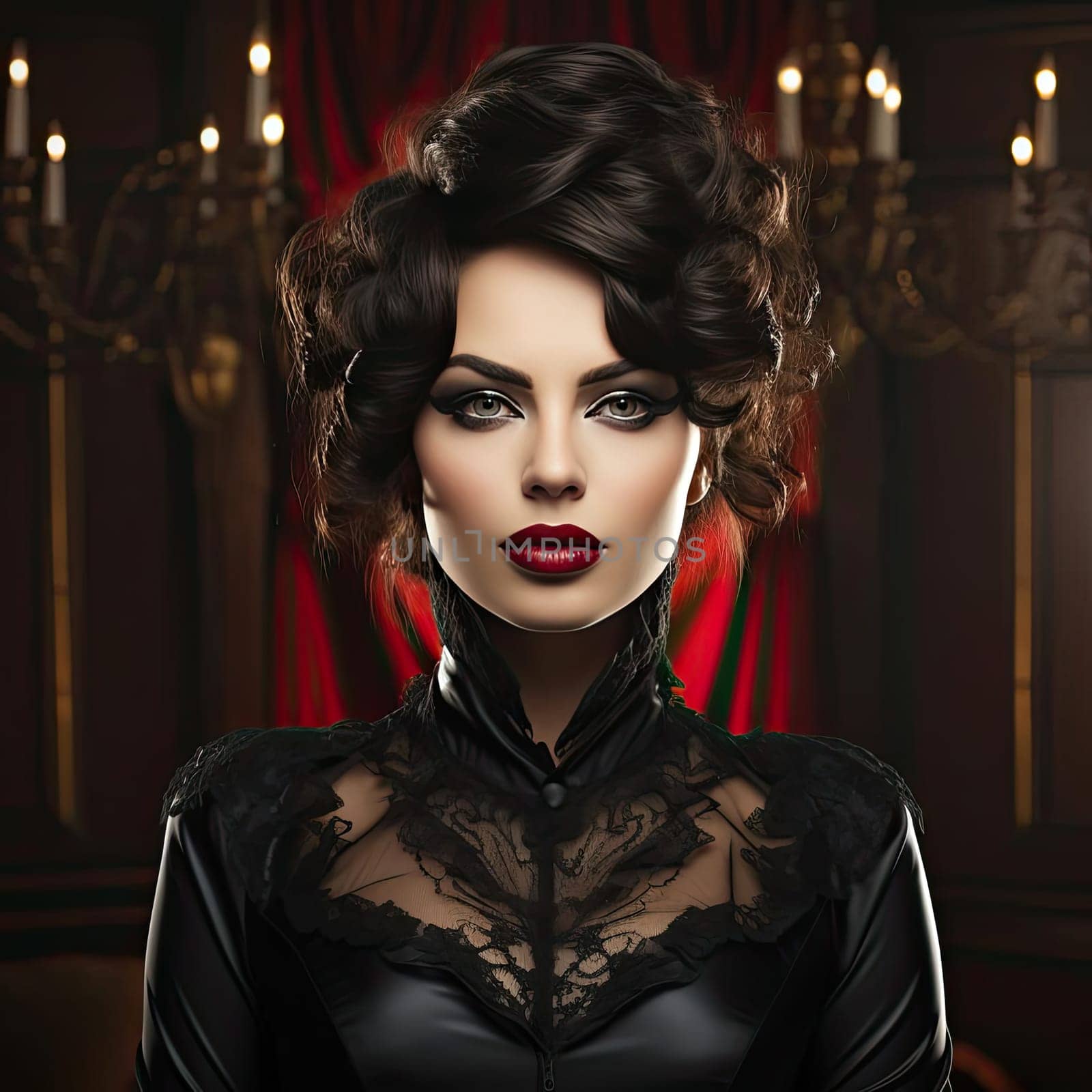 Gothic woman in elegant scene wearing black leather dress and red lipstick