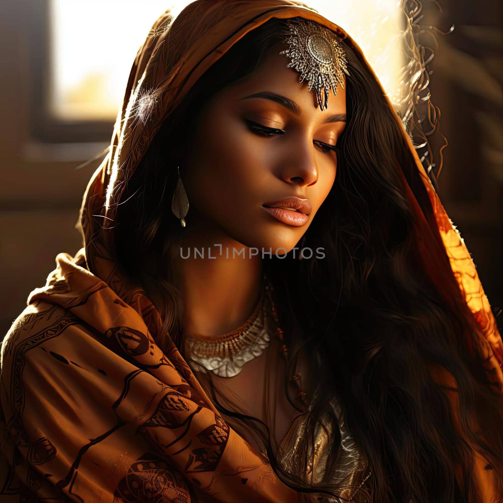 Beautiful woman in traditional clothing and jewelry with intense emotional atmosphere