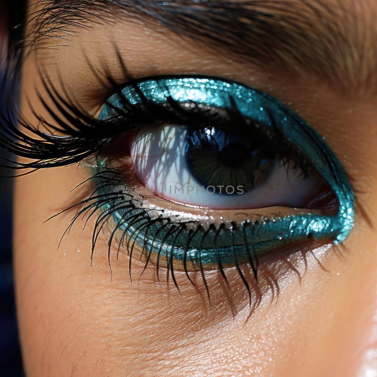 Eye with blue metallic eyes and iridescent makeup