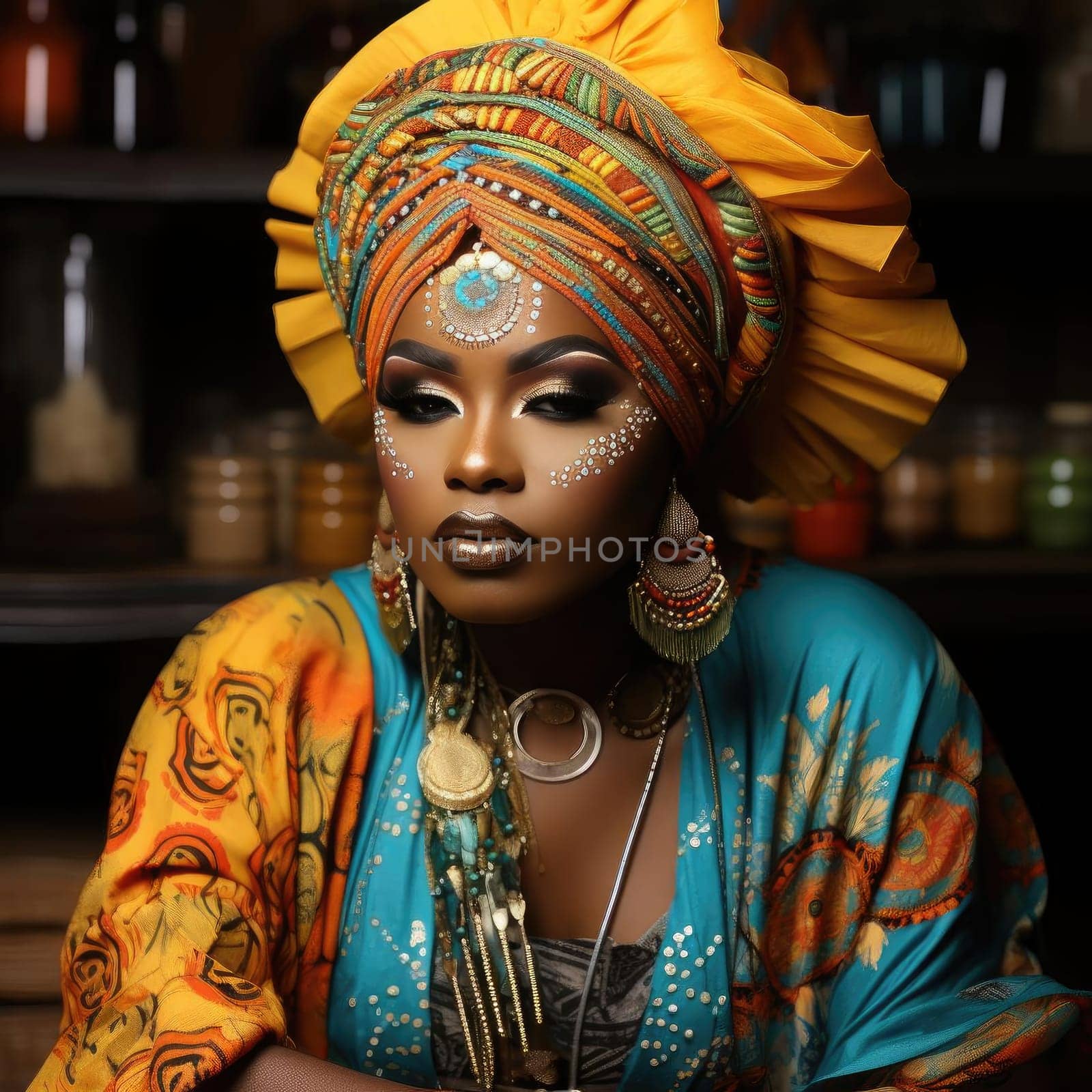 African woman wearing colorful headpiece and jewelry