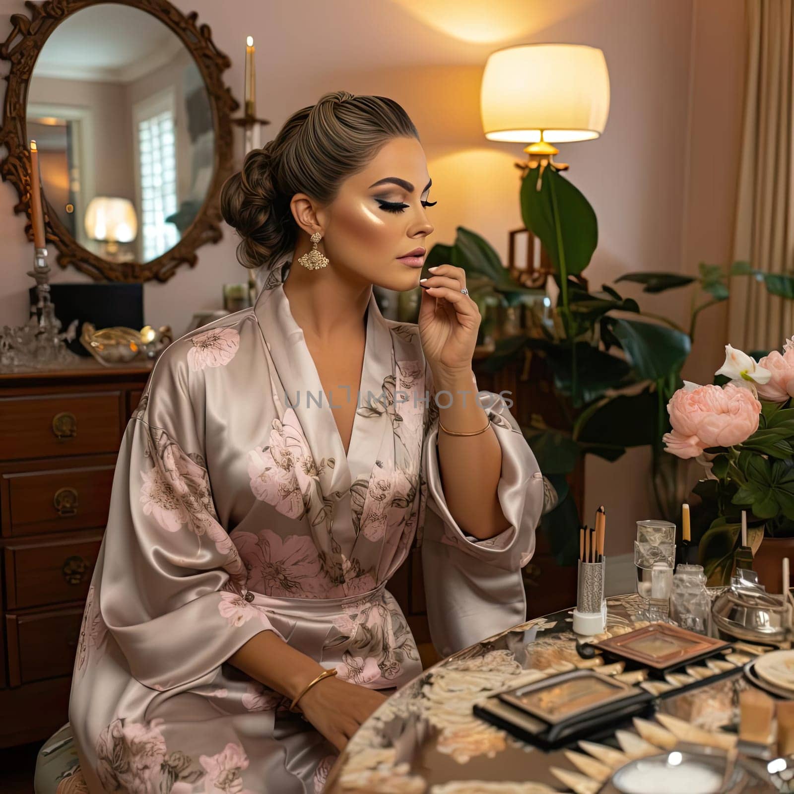 Beautiful woman in robe applying makeup with traditional craftsmanship