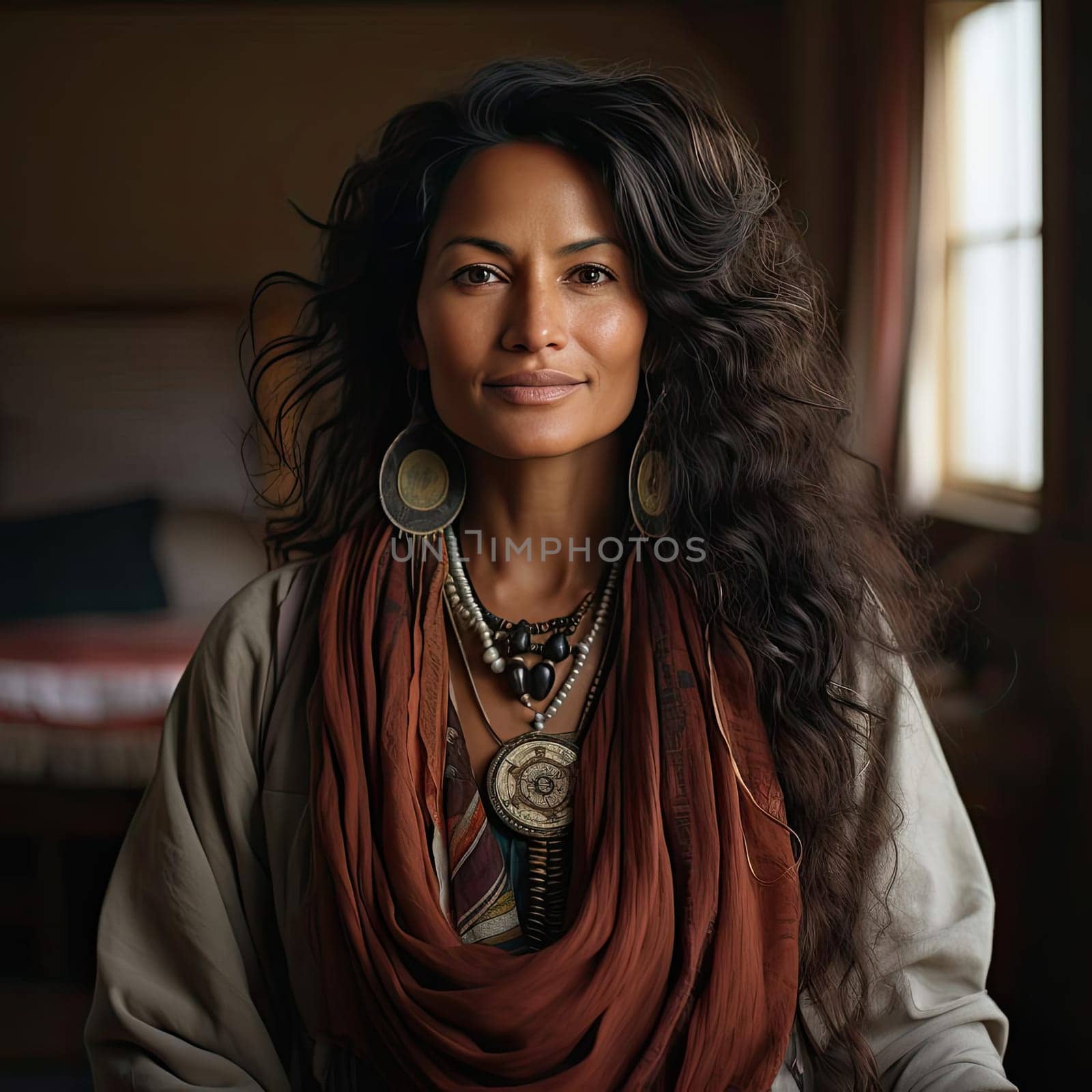 Woman in brown scarf surrounded by jewelry