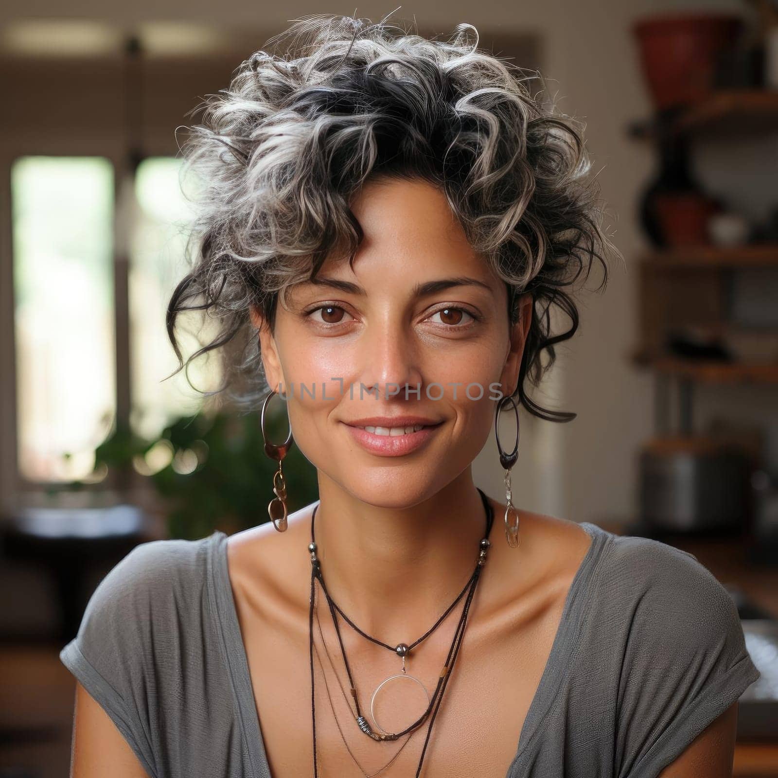 Woman in grey shirt with natural lighting and a tilted head