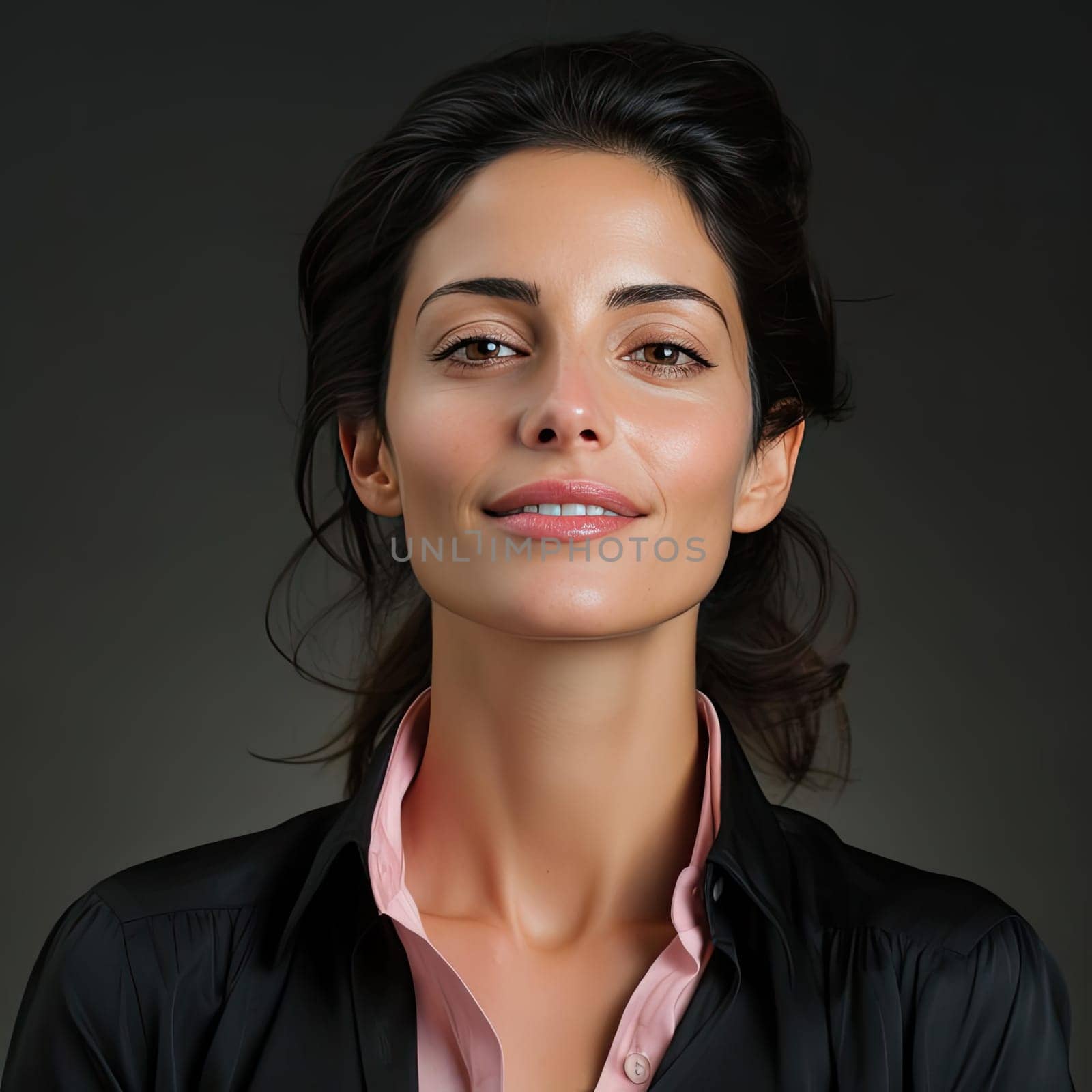 Young woman in black shirt with lively expressions against dark background
