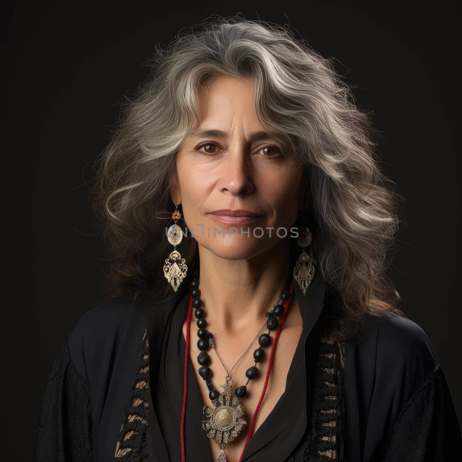 Woman with grey hair and jewelry pieces in a spiritual art style