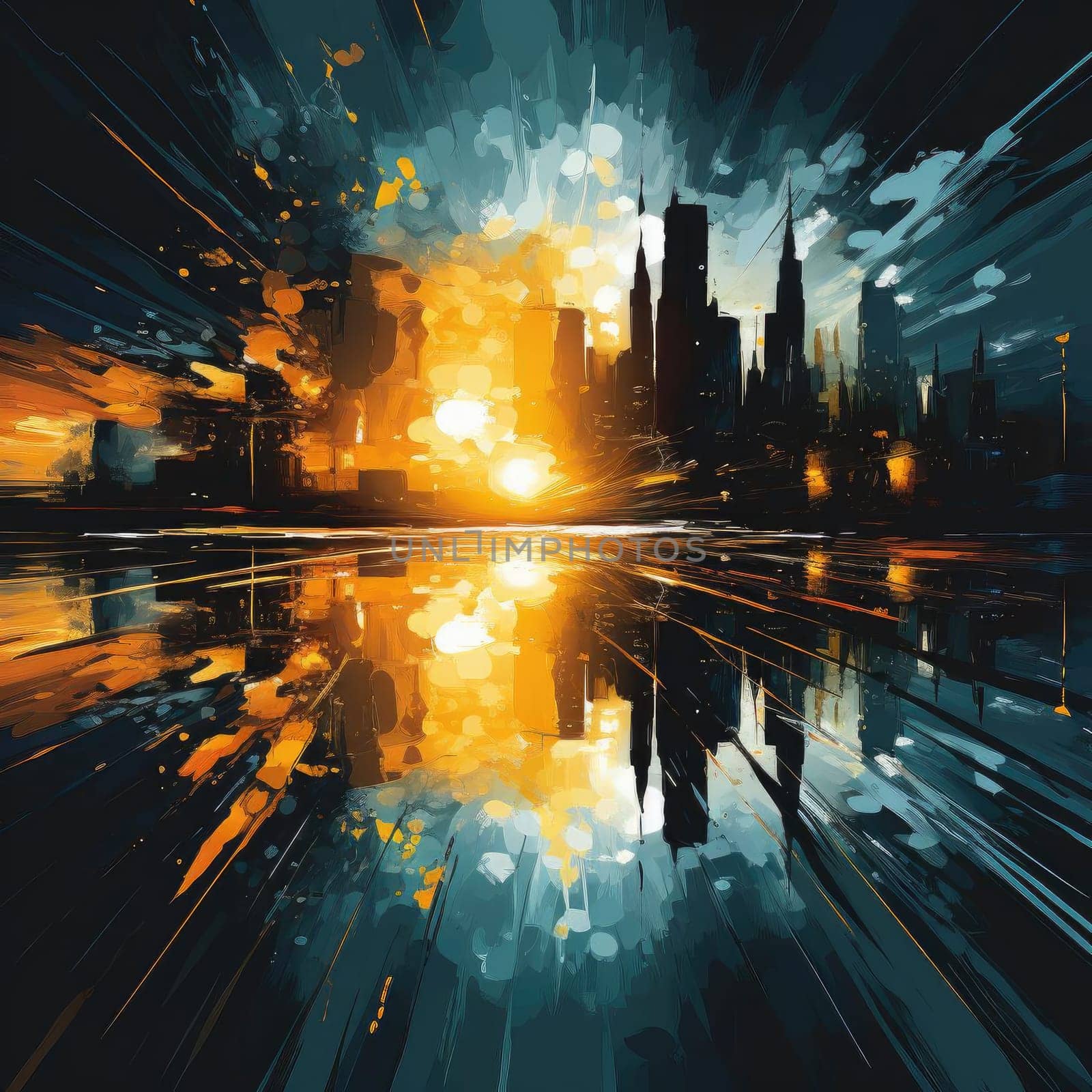 Dynamic cityscape with fire and reflections in monochrome tones