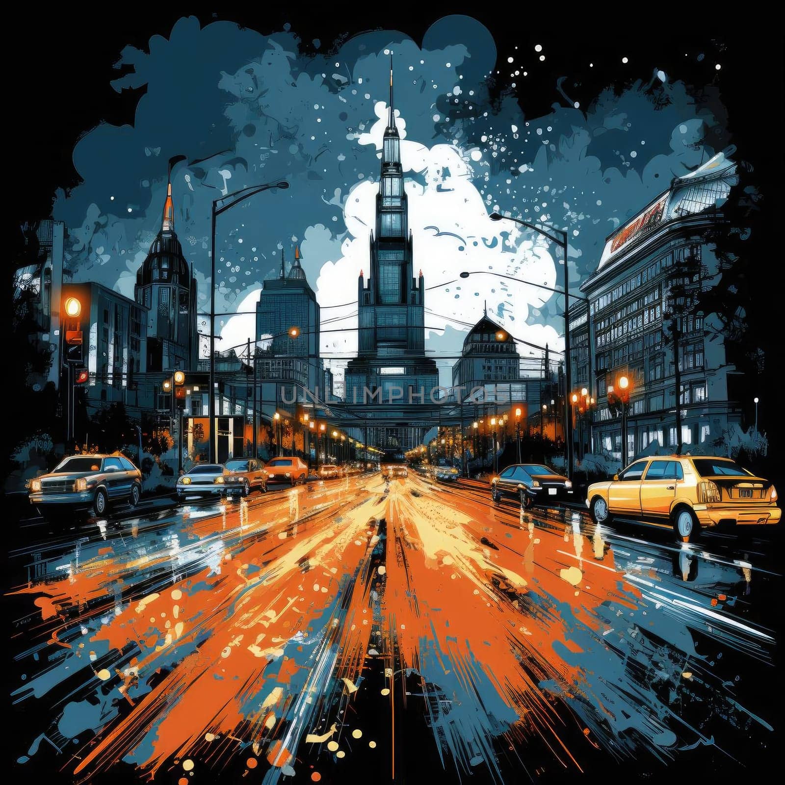 Rainy city streets filled with vibrant colors and vivid brushstrokes