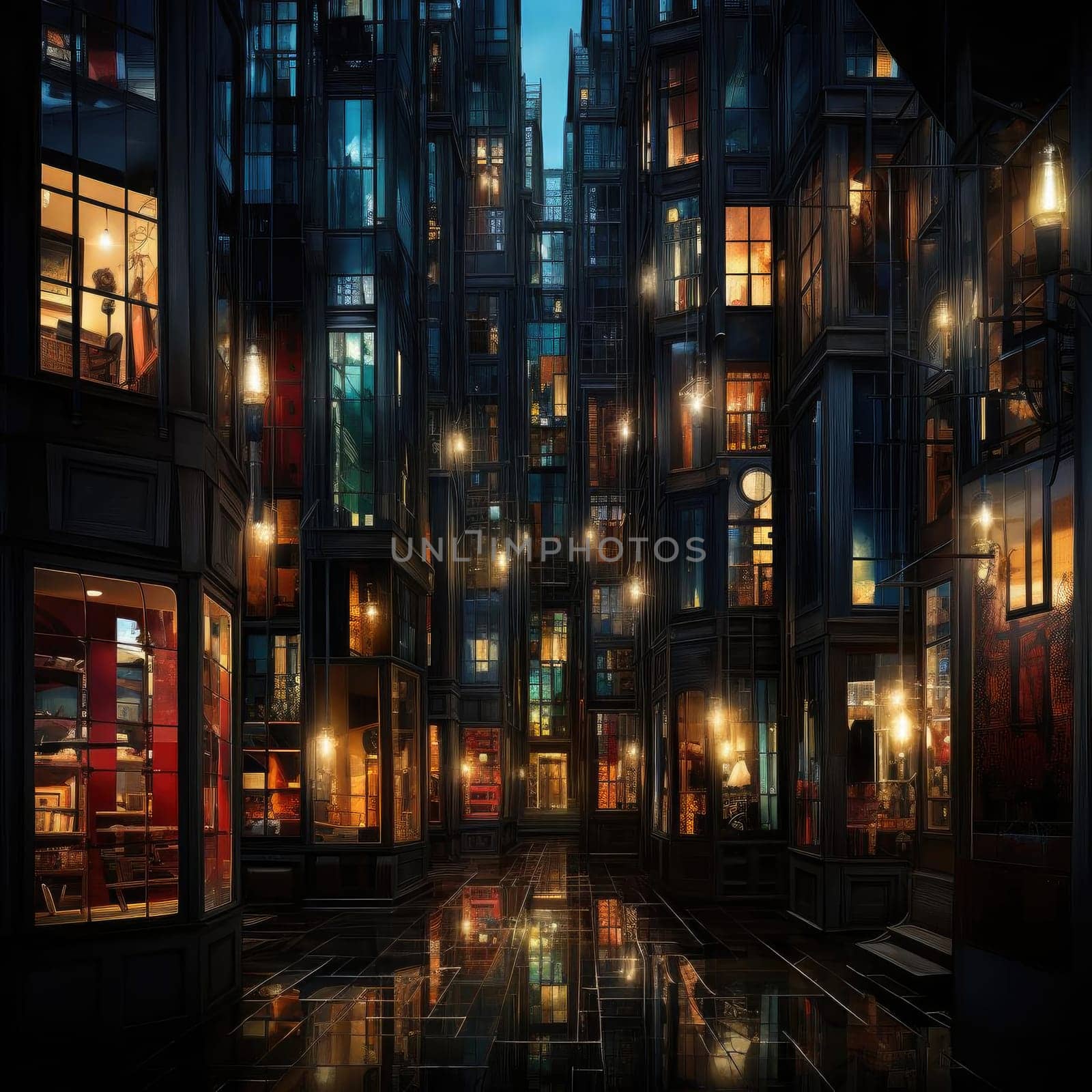 Dark street at night with lights and surreal architectural landscapes