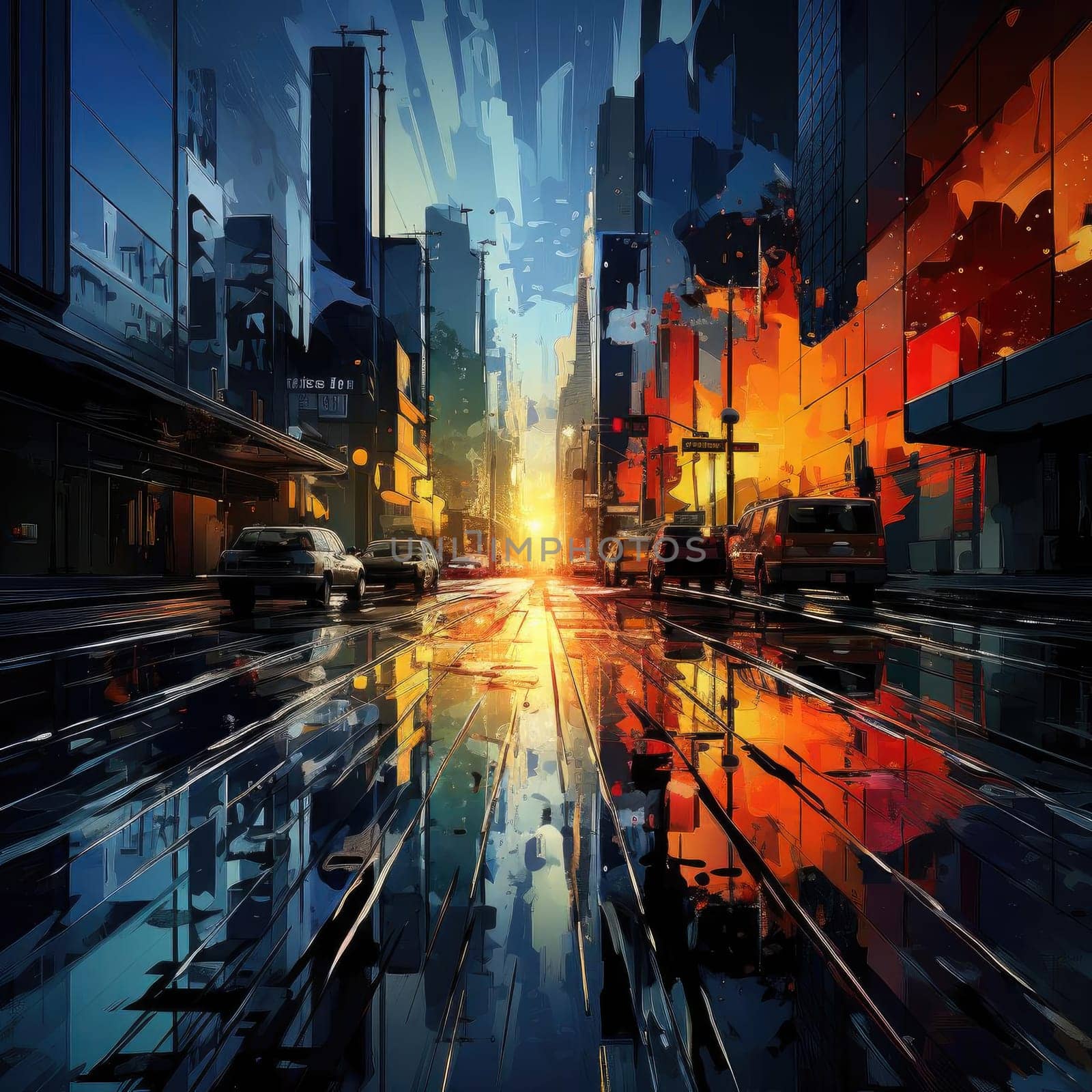 Modern city streets filled with cars and vibrant colors