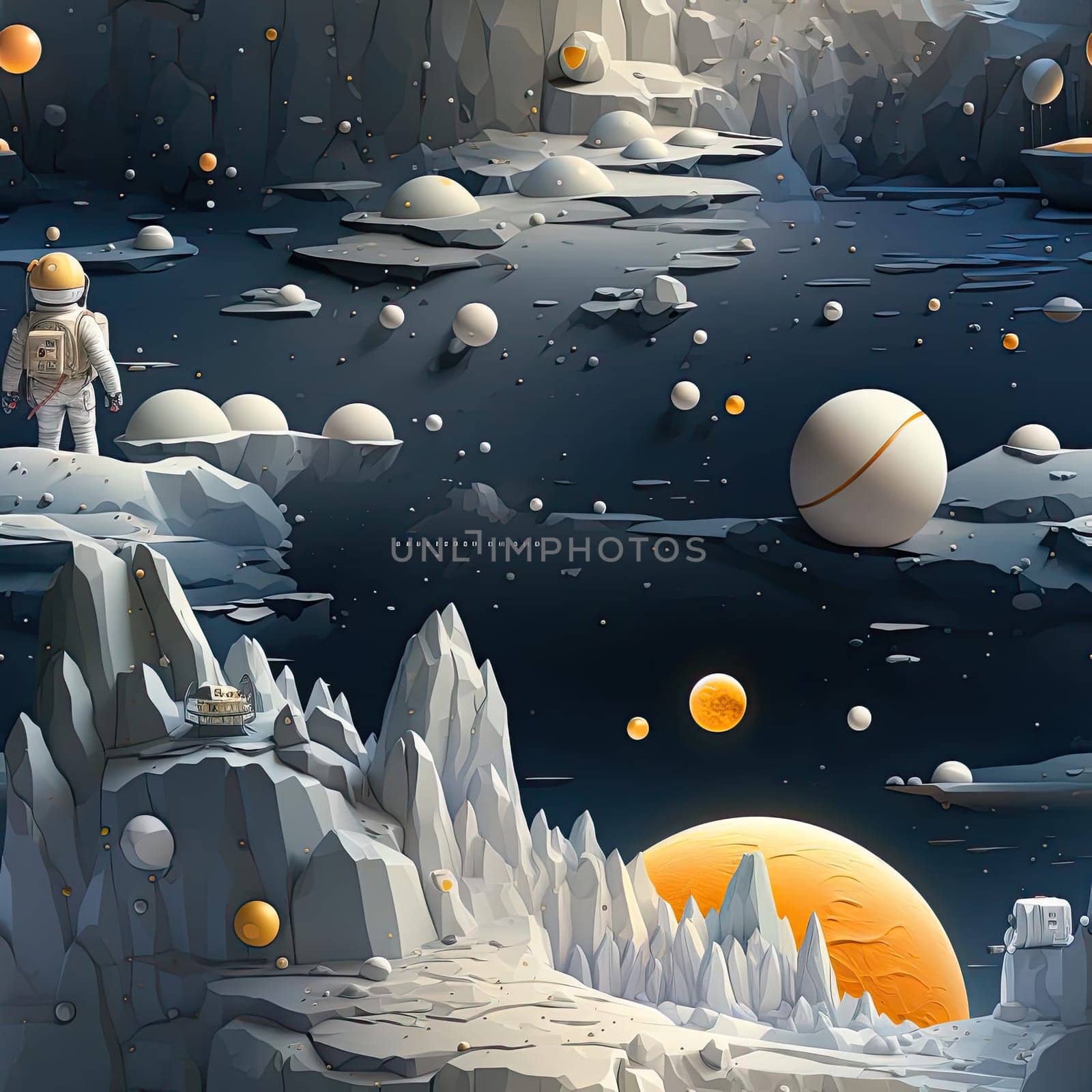 Small landscape with planets and a human inside in a highly detailed style (tiled)