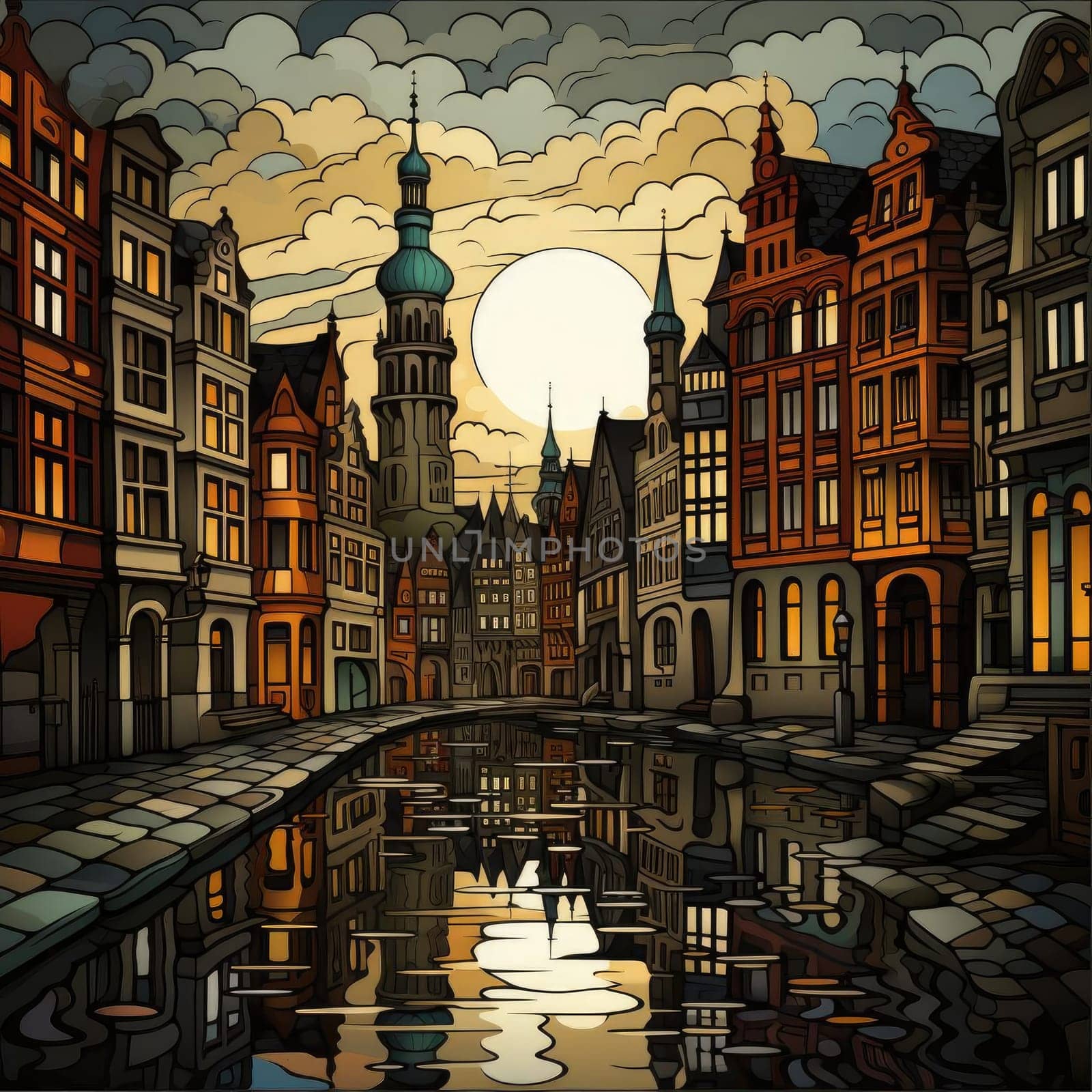 Art print illustration of an old city with reflections and mirroring