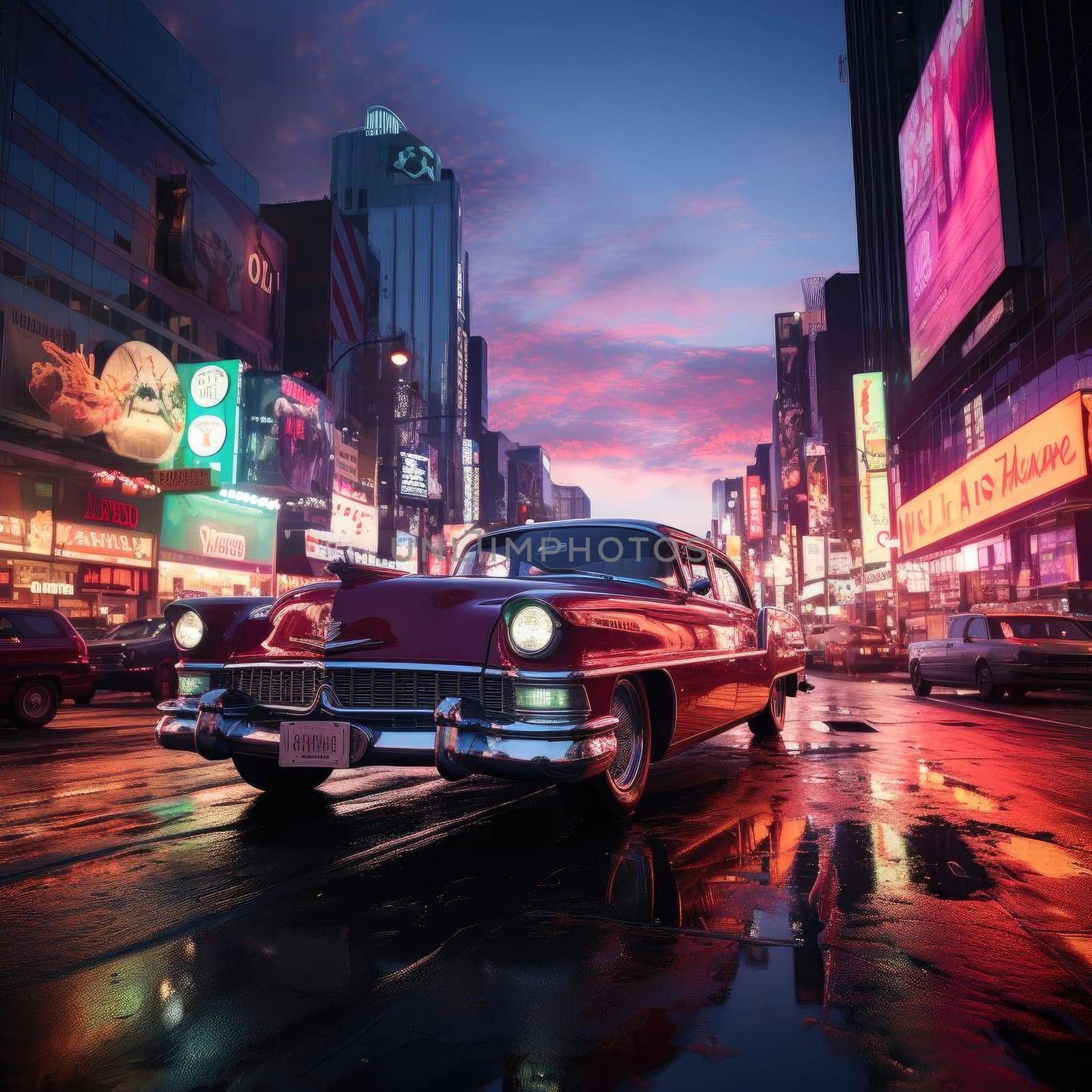 Classic car driving around a city in a cyberpunk style