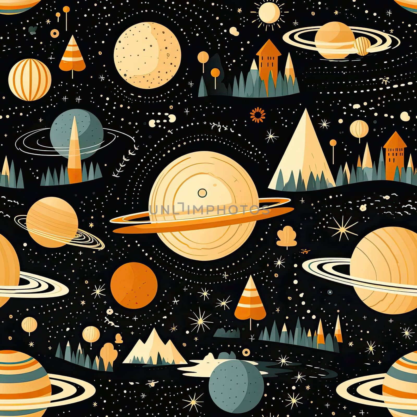 Saturn and planets in a flat cartoon style illustration (tiled)
