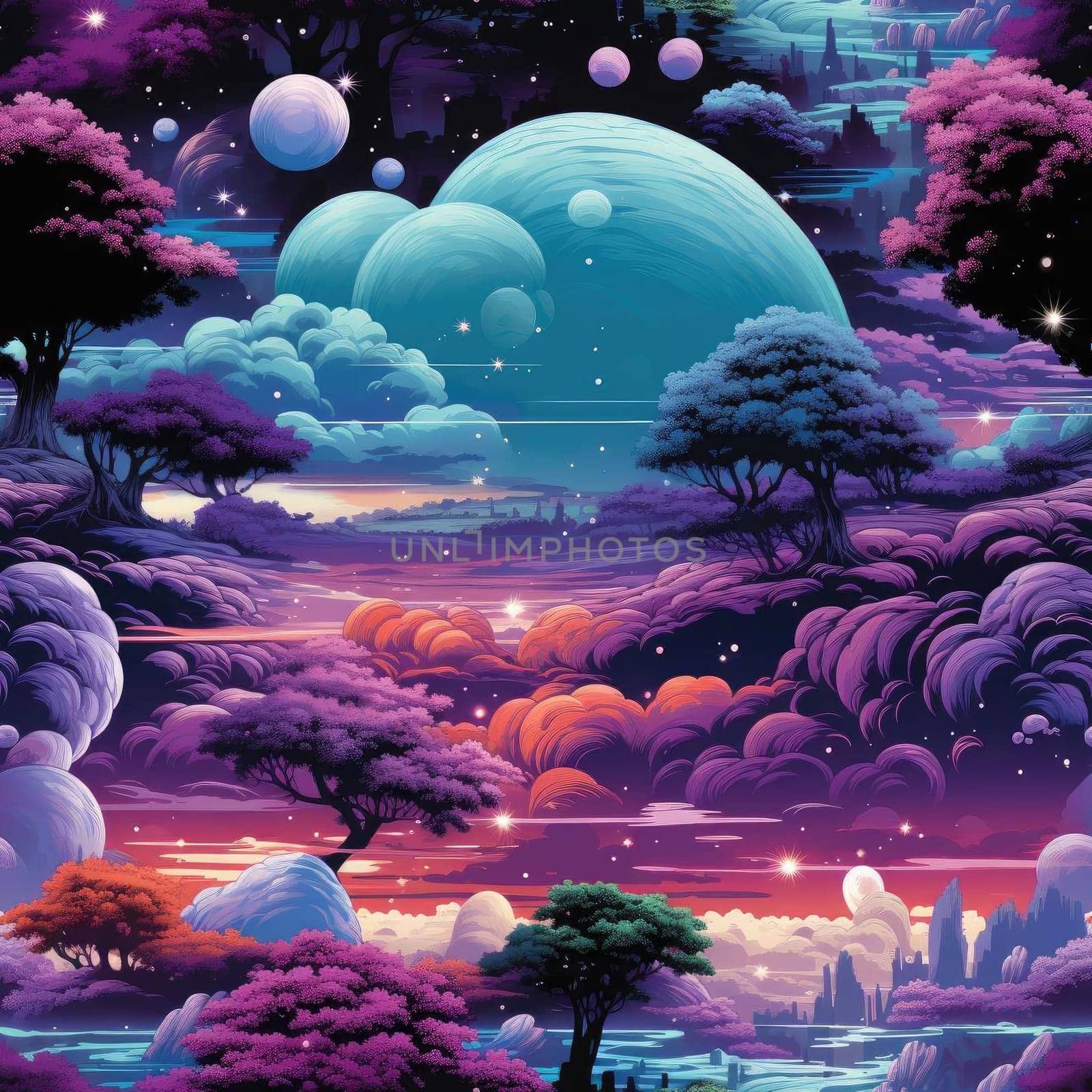 Purple space scene with mountains and trees (tiled)