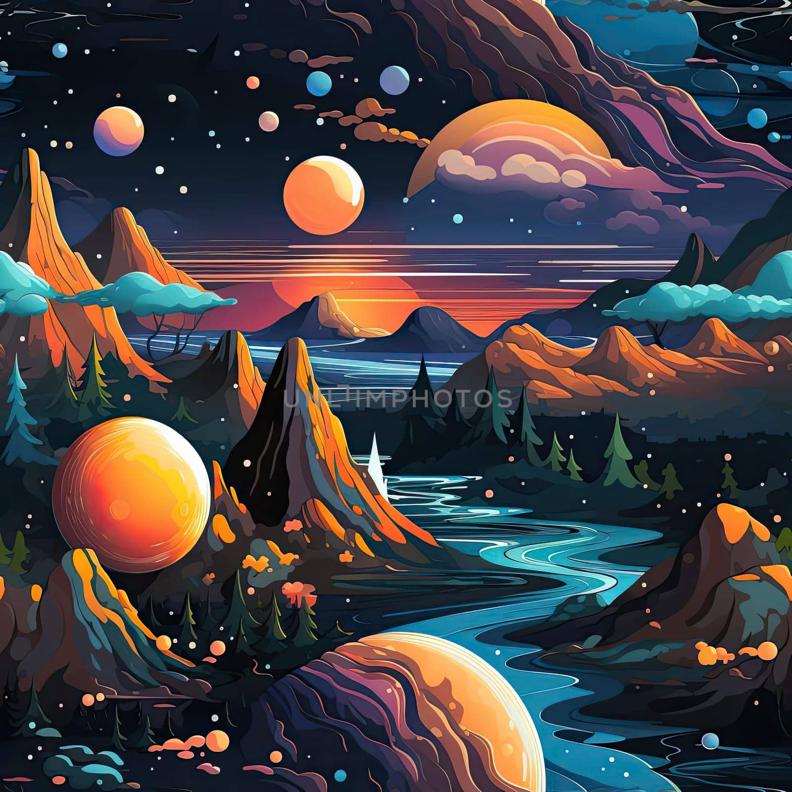 Alien landscape with stars, planets, and a river (tiled)
