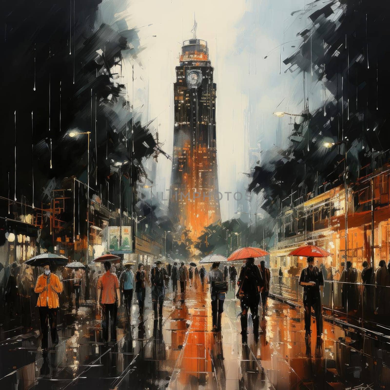 Paintings of people in the rain with skillful lighting