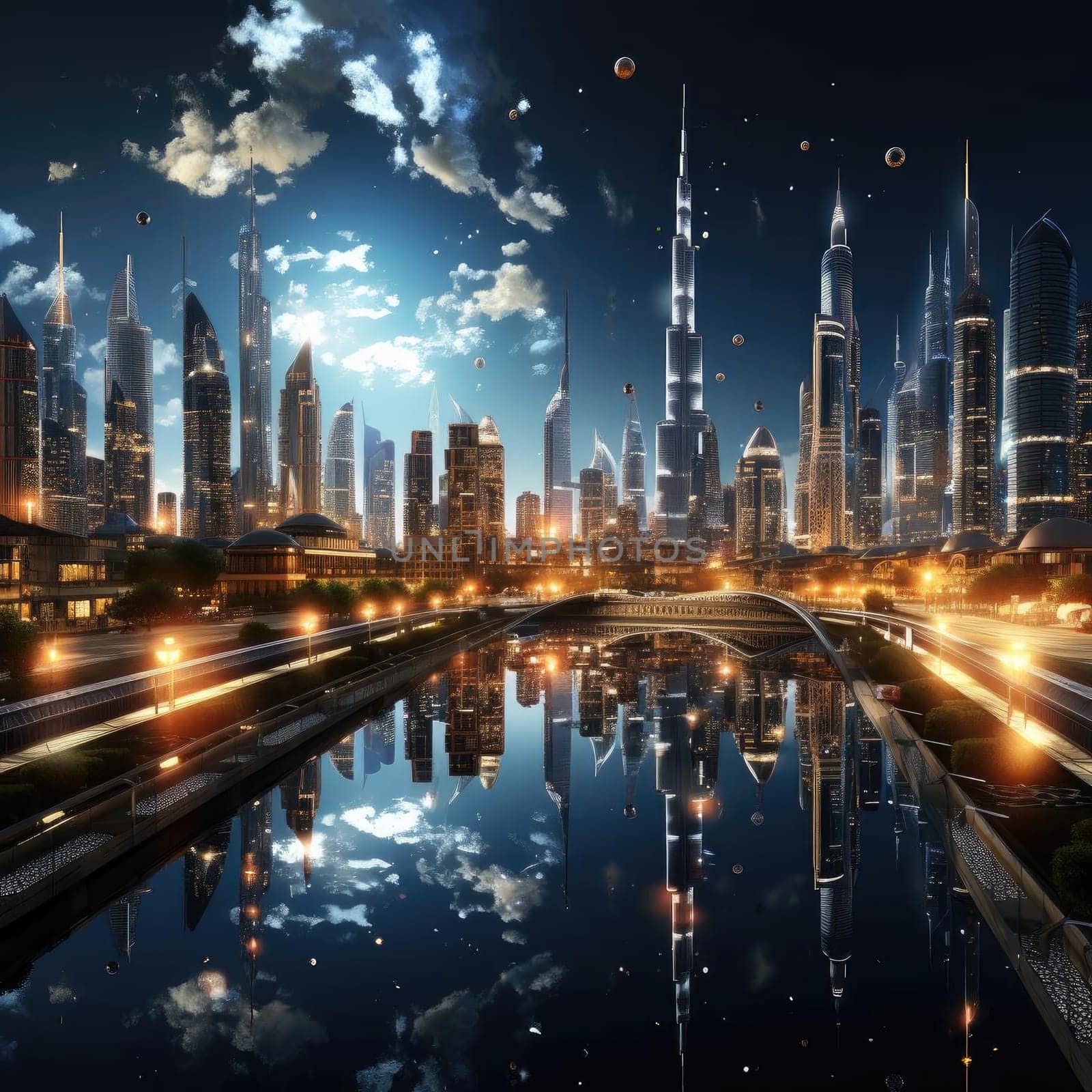 Highly detailed futuristic cityscape with stunning reflections