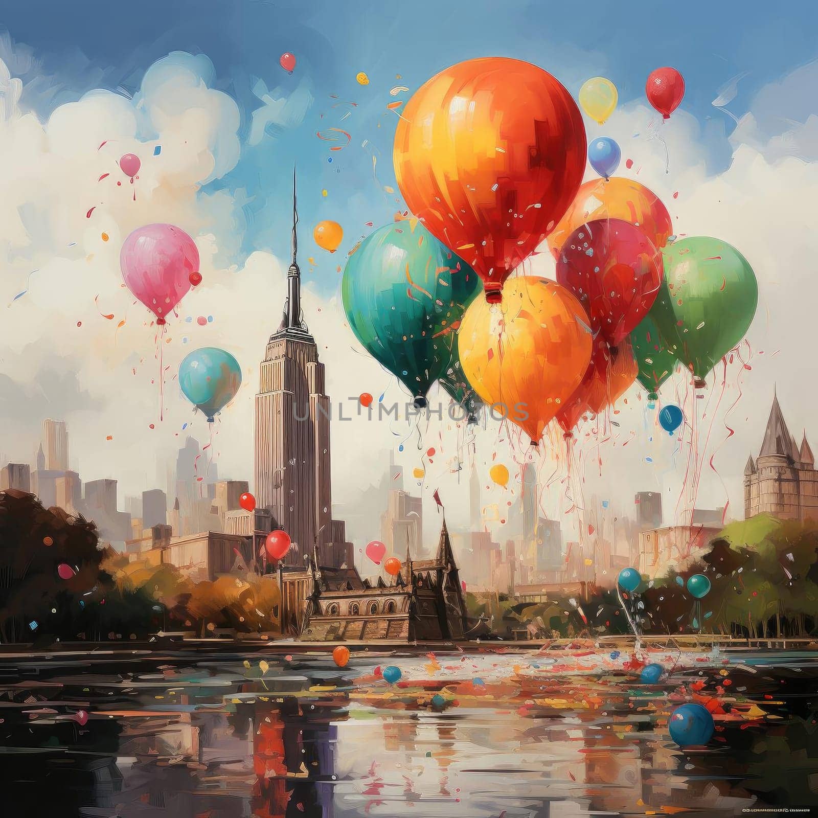 Colorful balloons fly above the city in a romantic scene