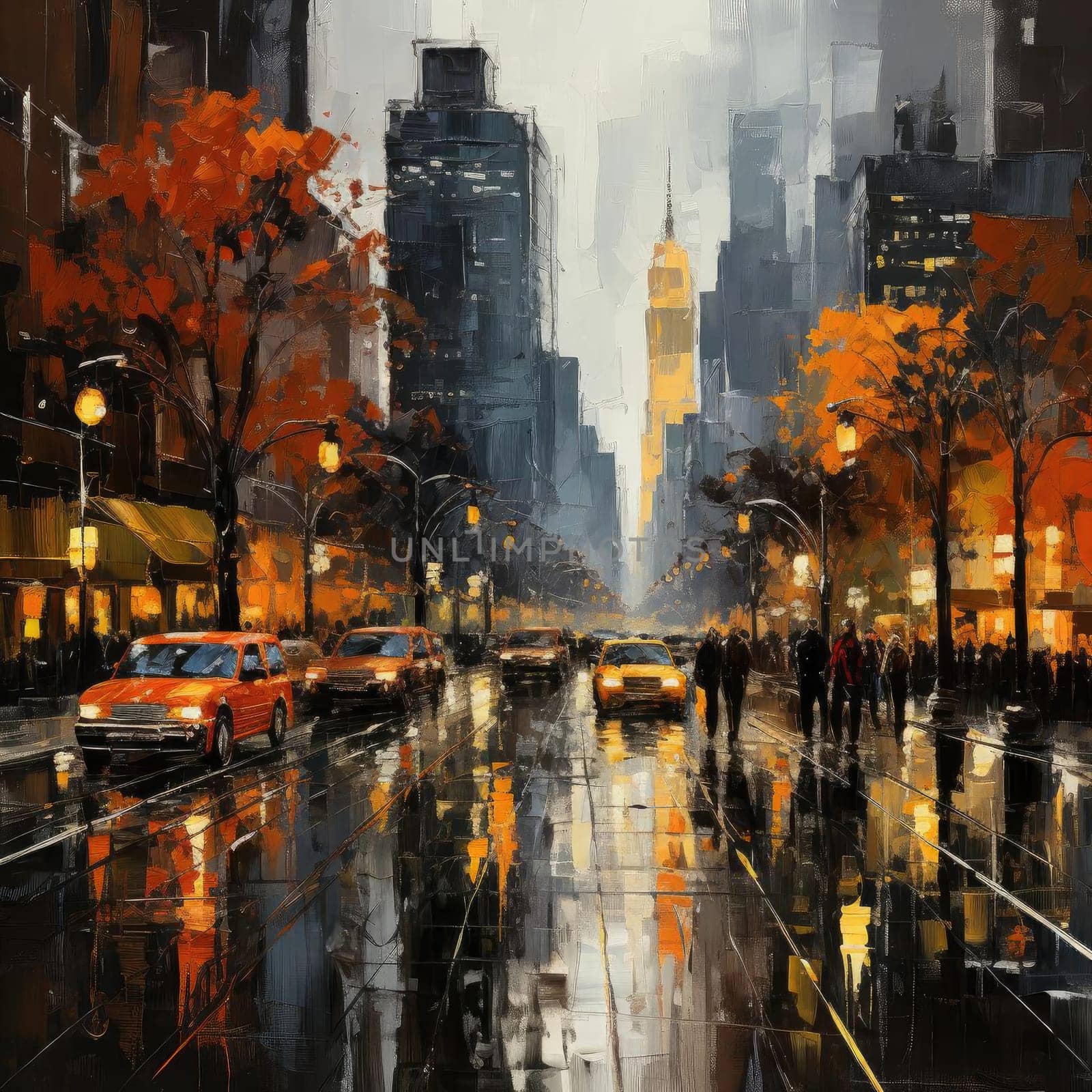 Vibrant oil painting of a city with people and dark orange hues