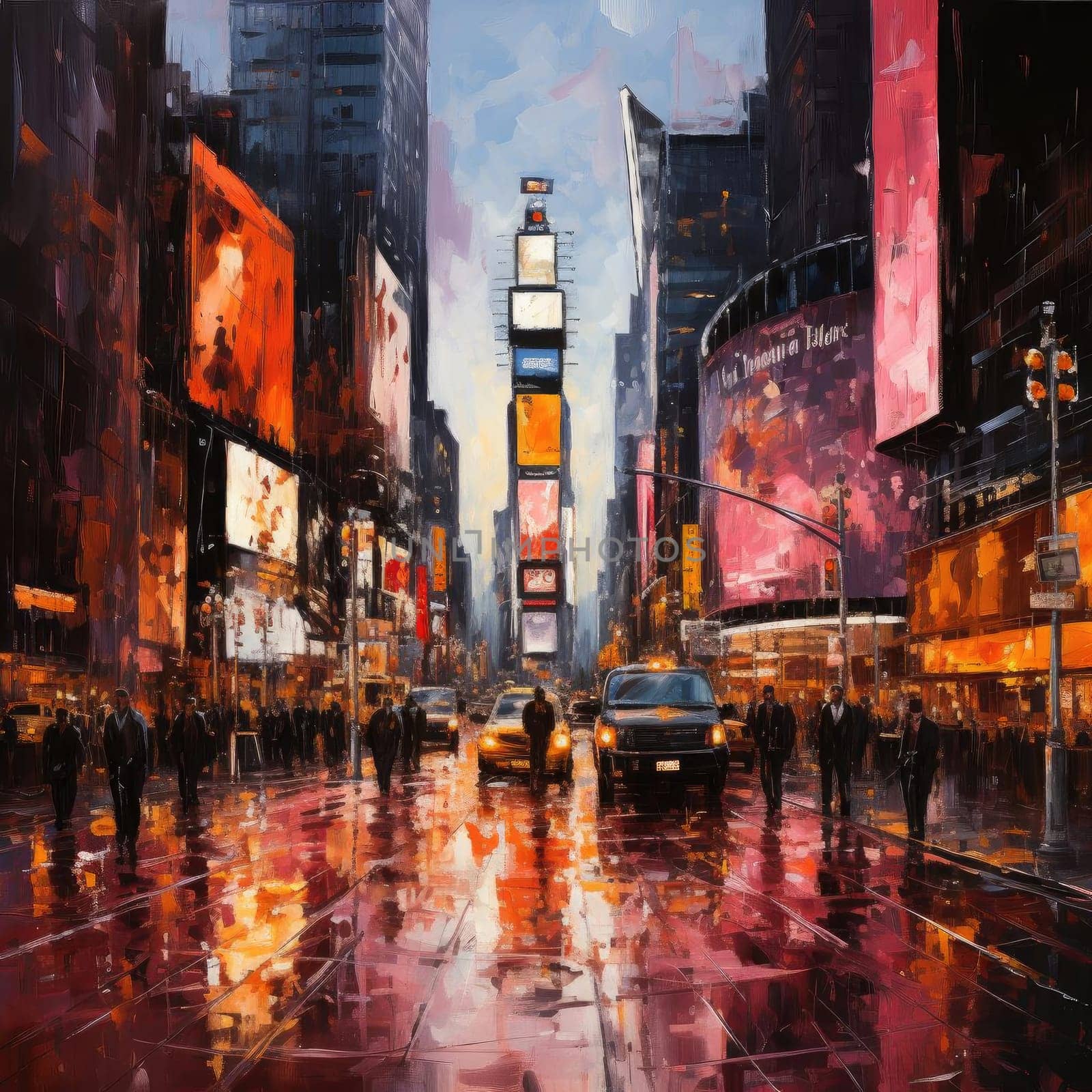 Rainy Times Square painting in vibrant colors and golden light